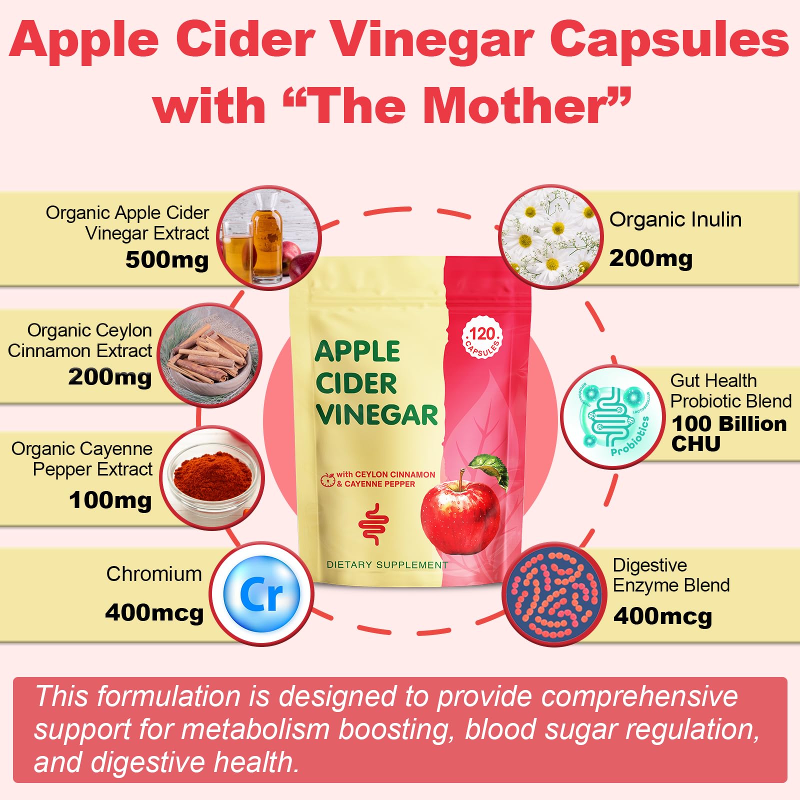 Apple Cider Vinegar Capsules with Mother, ACV Pills Supplements with Organic Cayenne Pepper & Ceylon Cinnamon, Inulin, Probiotics for Diet, Digestion, Detox, Immune, Vegan, 120 Ct — Amazon image 6