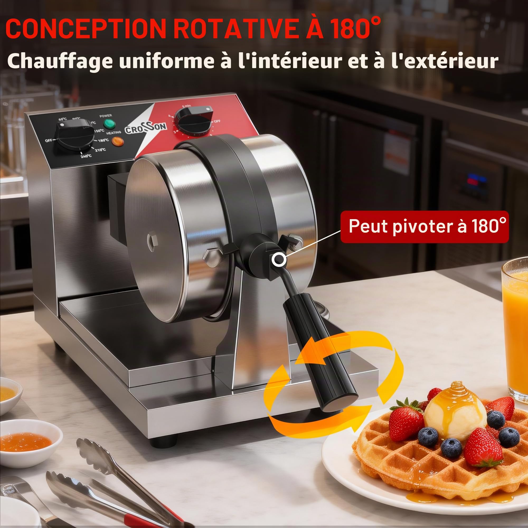 CROSSON Gaufrier Professionnel Rotatif,Gaufre Ronde en Acier Inoxydable Machine à Gaufres avec Revêtement Anti-Adhésif Contrôle de la Température et du Temps,220V/1300W