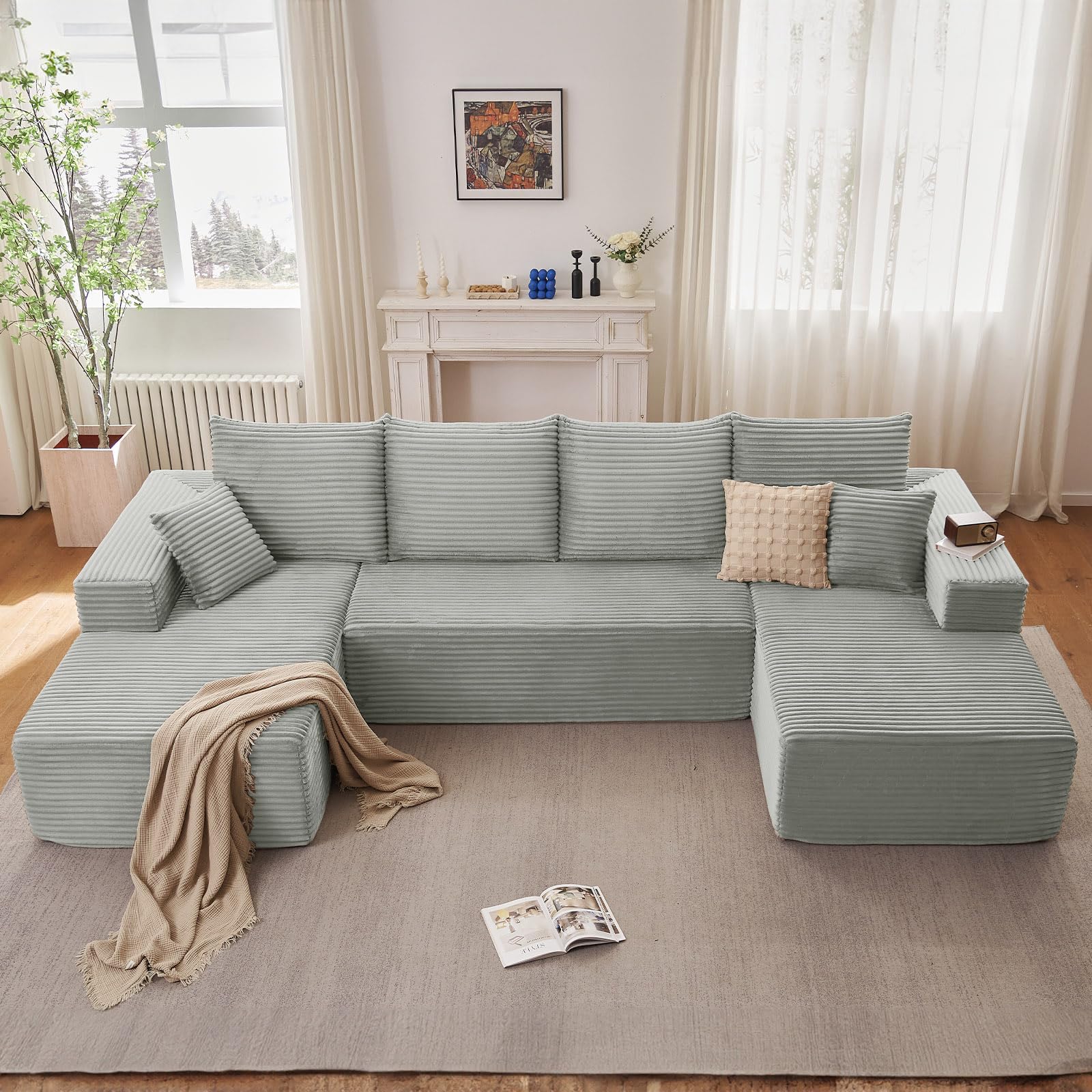 Oversized Modular Sectional Sofa Couch, Large 4 Seater Corner Sofa Modern U Shaped Sectional Couch Cloud Couches for Living Room, Office, Spacious Space, Corduroy,No Assembly Required, Light Grey