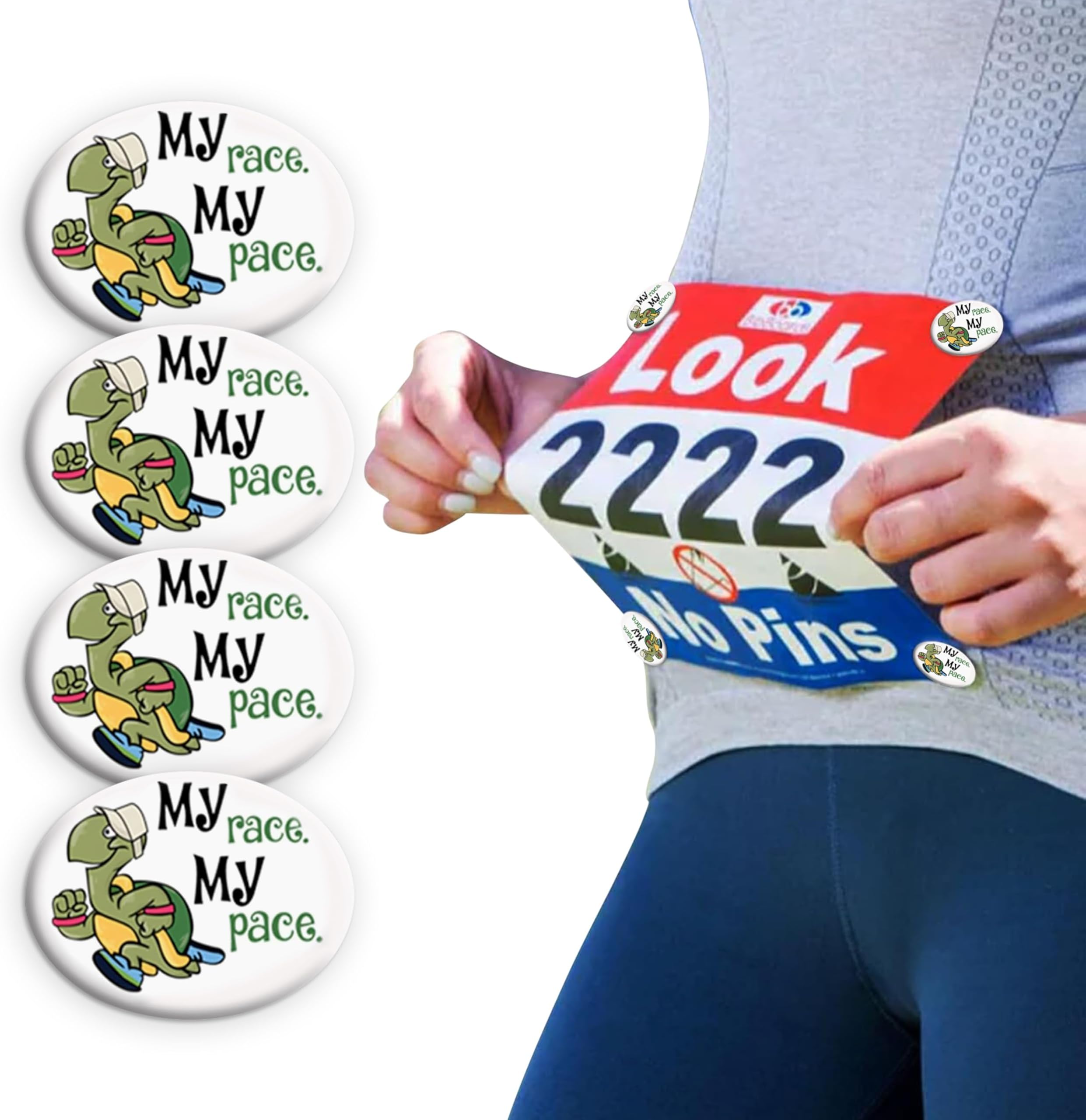 BibBoards Safety Lock Race Bib Clips - Snap & Lock Bib Fasteners for Runners, Non Magnetic Bib Holder, Marathon, Running & Cycling, Eliminate Safety Pins, Event Clips, My Race My Pace Turtle - 4 Pack