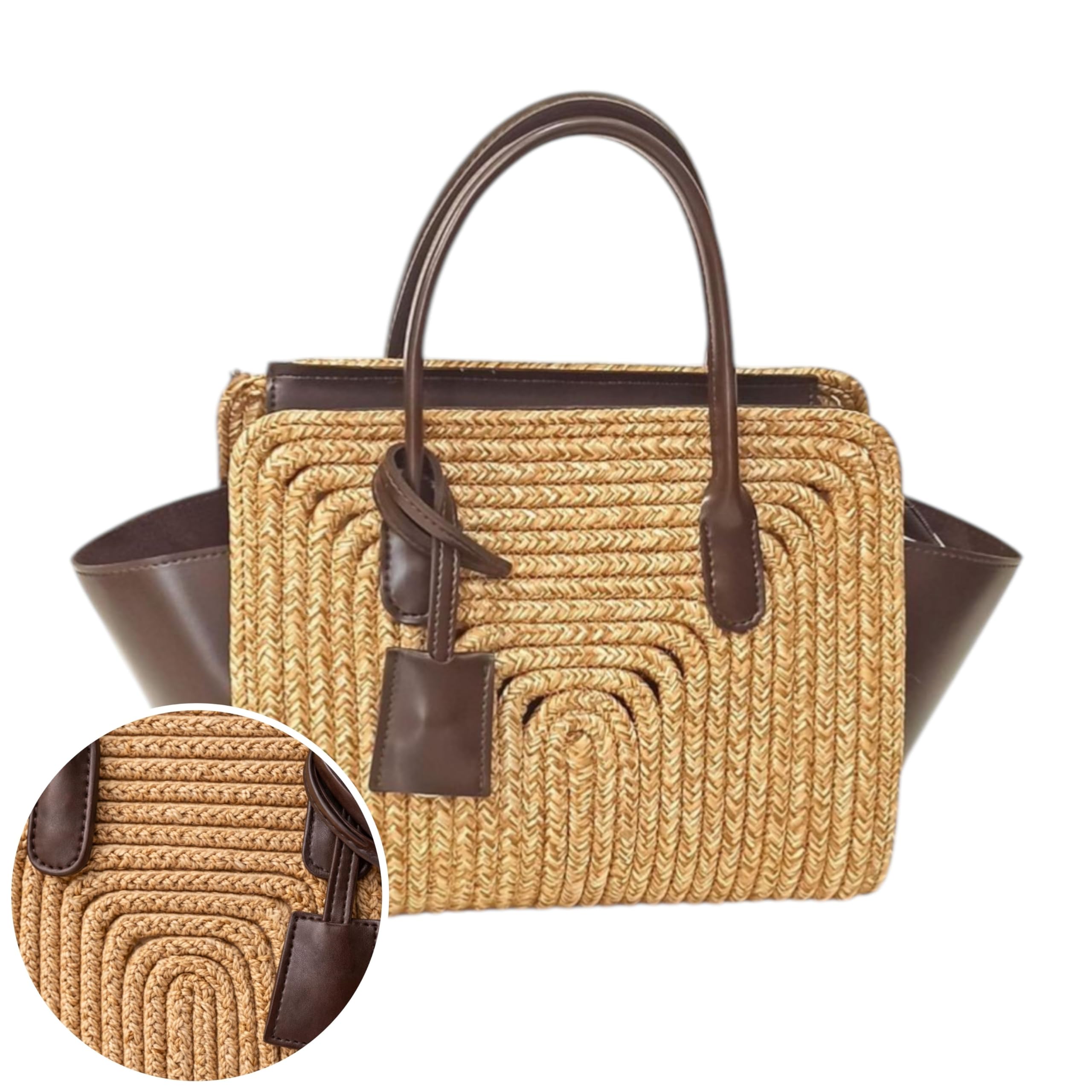 Amalfi Bolso de mano de rafia para mujer, bolso de verano trenzado con detalles de piel sintética, elegante bolsa de playa para verano y uso diario, bolso mediano 22 x 30 x 15 cm