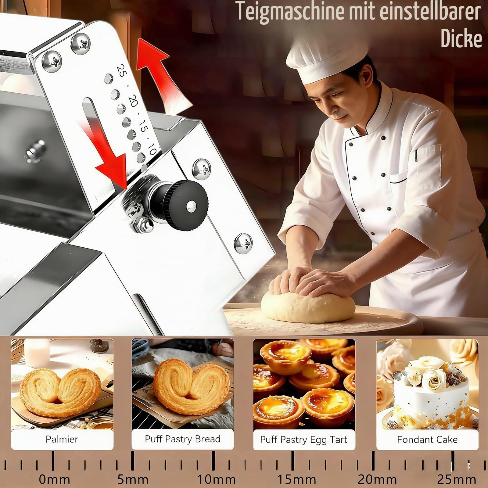 Teigausrollmaschine, Teigausrollmaschine Elektrisch, Teigroller Maschine mit manuellem Betrieb und 0-25 mm einstellbarer Dicke, Teigroller für Bäckerei und Konditorei (60x30cm)