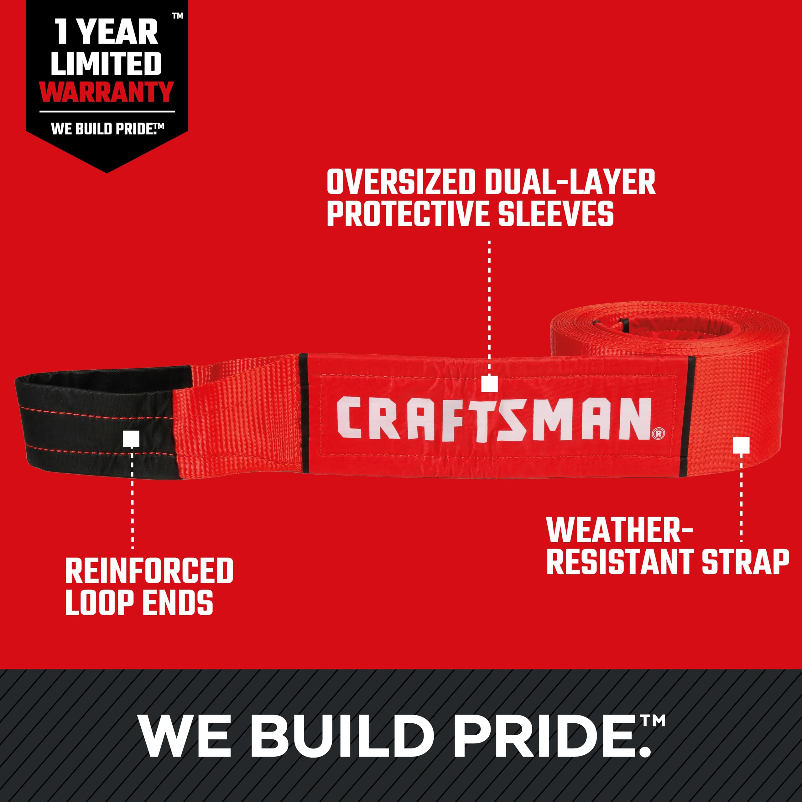 CRAFTSMAN CMXAZBS2003 - Cinghia di traino resistente per recupero, con estremità ad anello, carico sicuro da 3 kg, resistenza alla rottura, 9 kg, colore: Nero/Rosso