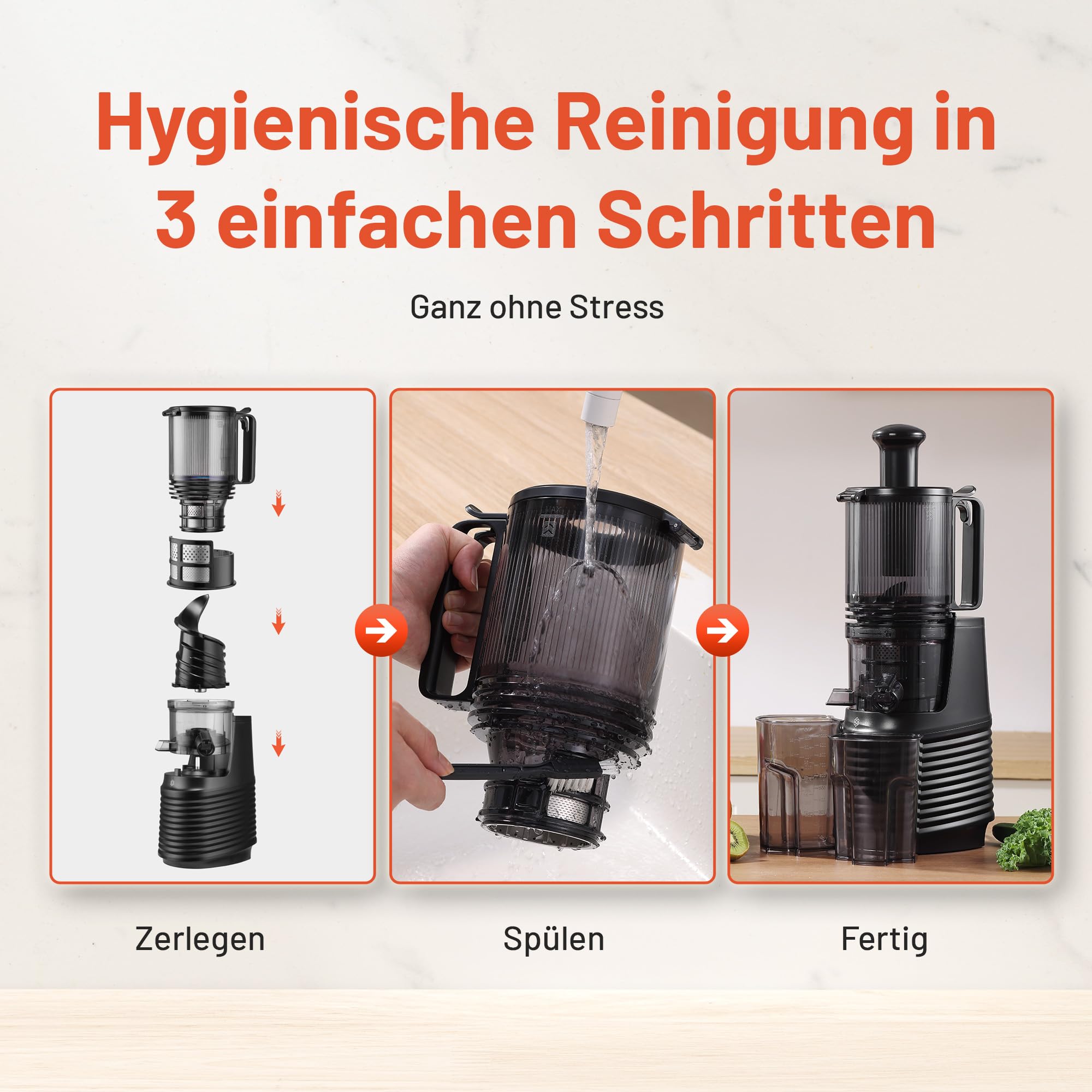 VELOJA Slow Juicer Pro - Kaltpresse Entsafter für ganze Früchte & Gemüse mit 130 mm XL-Einfüllschacht – Ultraleiser Motor – Leicht zu reinigen – Inkl. Rezeptbuch für Säfte & Tresterrezepte