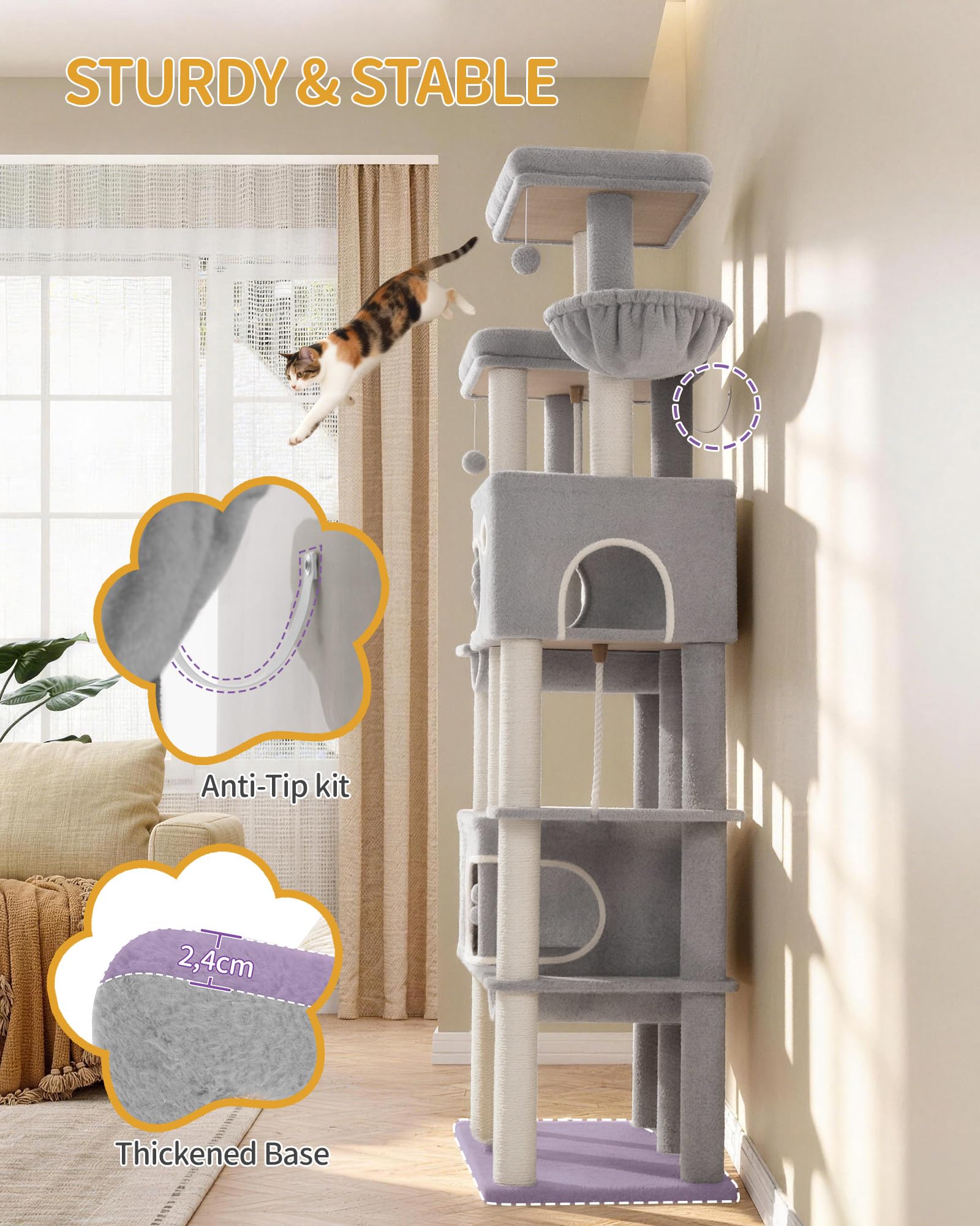 Hzuaneri Albero Tiragraffi Grande per Gatti, Torre per Gatti da Interno 213 cm con 2 Piattaforme XL, 2 Grotte, 10 Pali in Sisal, 2 Amache e Massaggiatore, per Maine Coon, Grigio Chiaro, MS21418LG