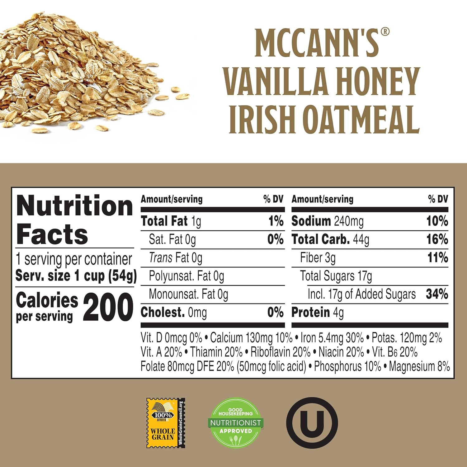 McCann's Irish Oatmeal Instant Oatmeal Cup, Vanilla Honey, 1.9 Ounce (Pack of 12)