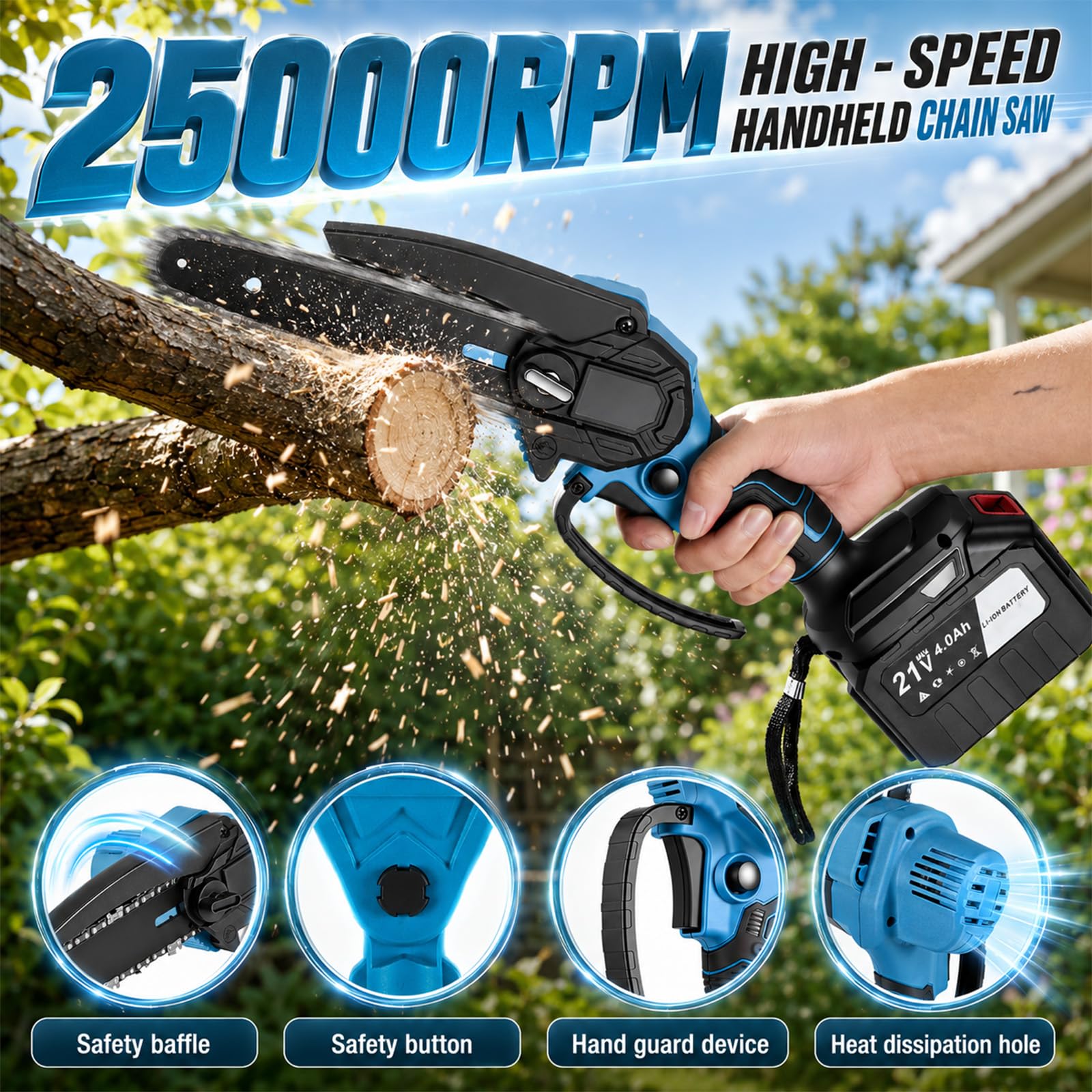 Tijeras de podar telescópicas 4 en 1, 6 pulgadas, cortasetos con batería de 2 x 4000 mAh, ángulo ajustable de 180°, motor de cobre (25000 rpm), 4 cadenas, guantes y gafas de protección, para jardín y