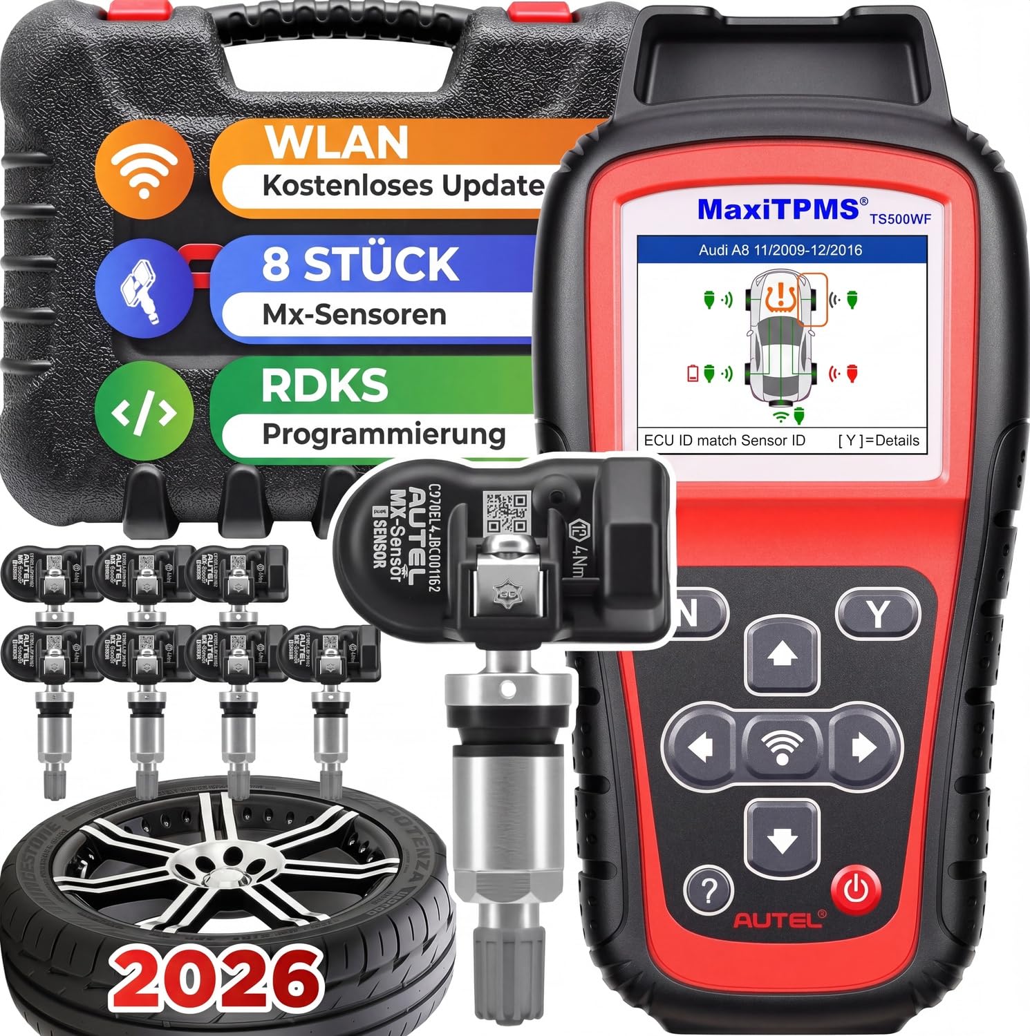 Autel MaxiTPMS TS508WF WiFi RDKS Kit inklusive 8 MX-Sensoren TPMS Diagnose | 2 Programmierverfahren, drei Anlernarten, alle Sensoren aktivierbar, lebenslang Updates, 1 Jahr Garantie