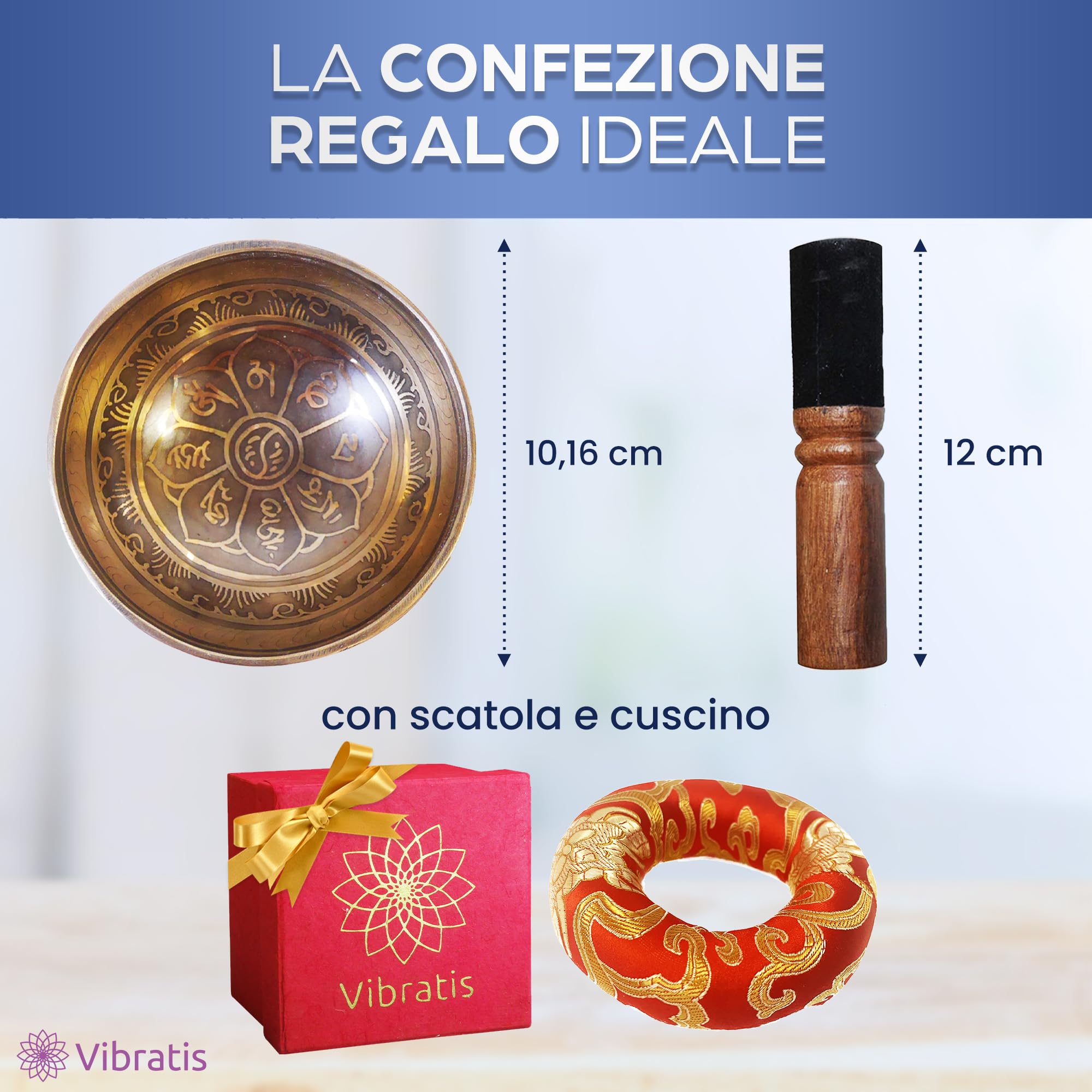 Campana Tibetana Artigianale 7 Metalli Fatta a Mano Nepal + Cuscino + Mazzuolo + Scatola Lokta Meditazione Guarigione