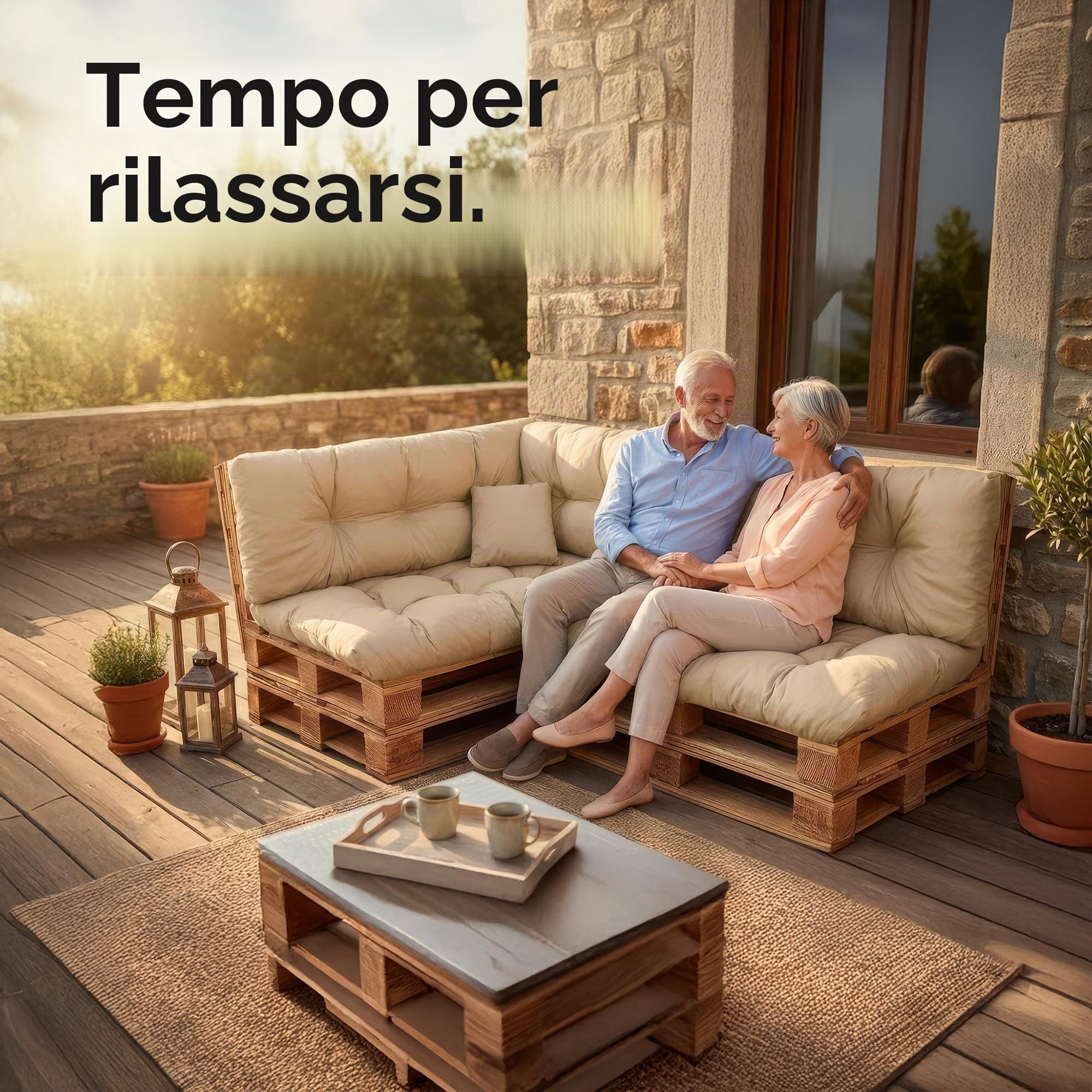 Set di Cuscini per Pallet – Cuscino D’assise per Pallet Europei – Imbottitura con Schiuma Granulare Poulirette – Include Cuscino D’assise 120x80cm + Schienale 120x40cm