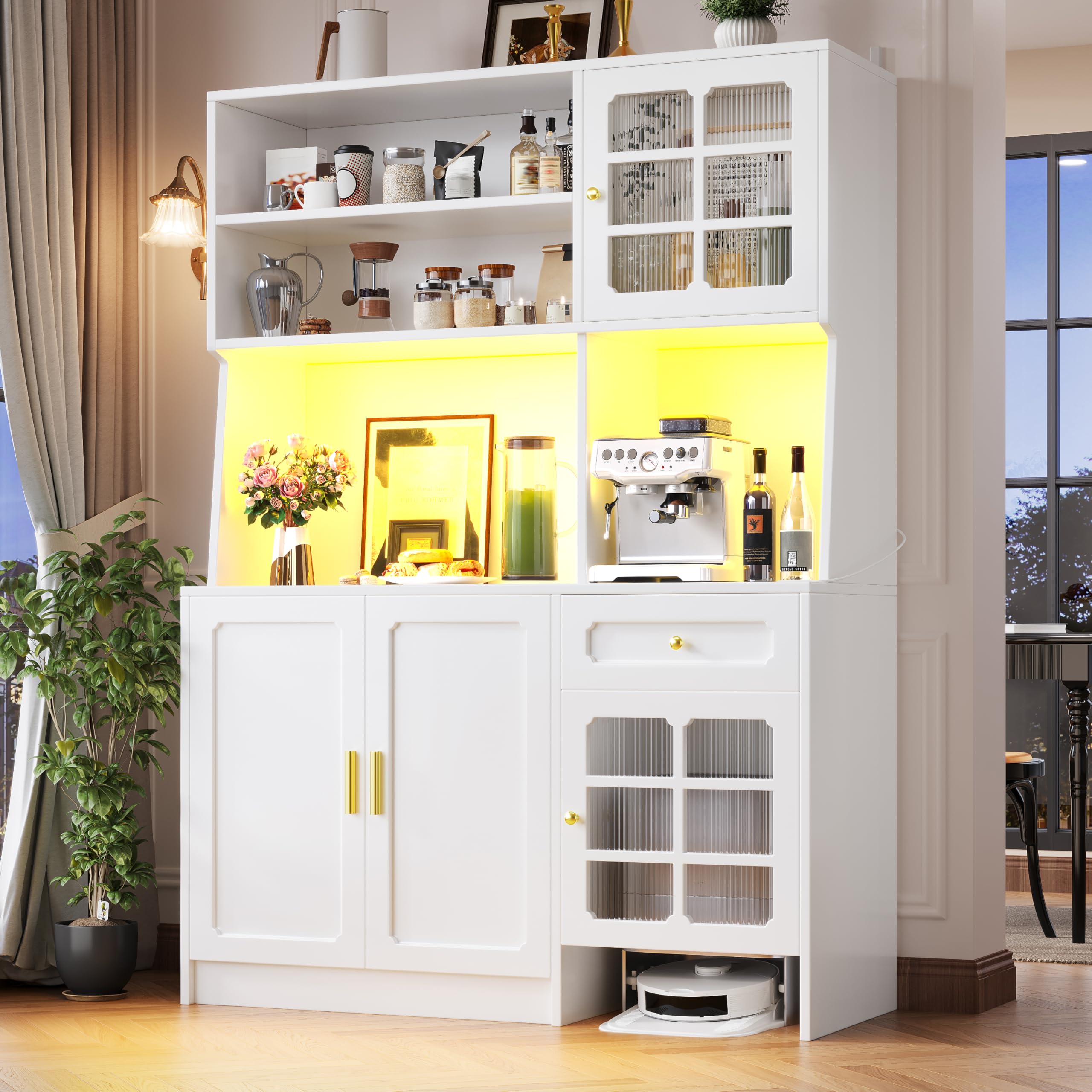 Armadio da cucina con piano di lavoro e illuminazione a LED, credenza con ante in vetro, credenza con cassetti, 130 x 45 x 180 cm (bianco)