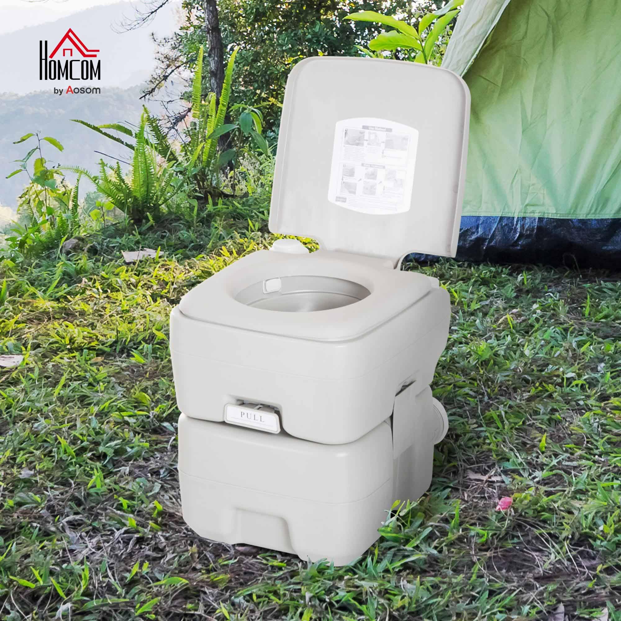 HOMCOM Inodoro Portátil Químico Baño Móvil WC 20L con Extraíble Tanque de Aguas Residuales y Tanque de Agua para Camping Viaje Ancianos Caravana Barco con Cisterna Carga 147 kg 41,5x36,5x42 cm HDPE