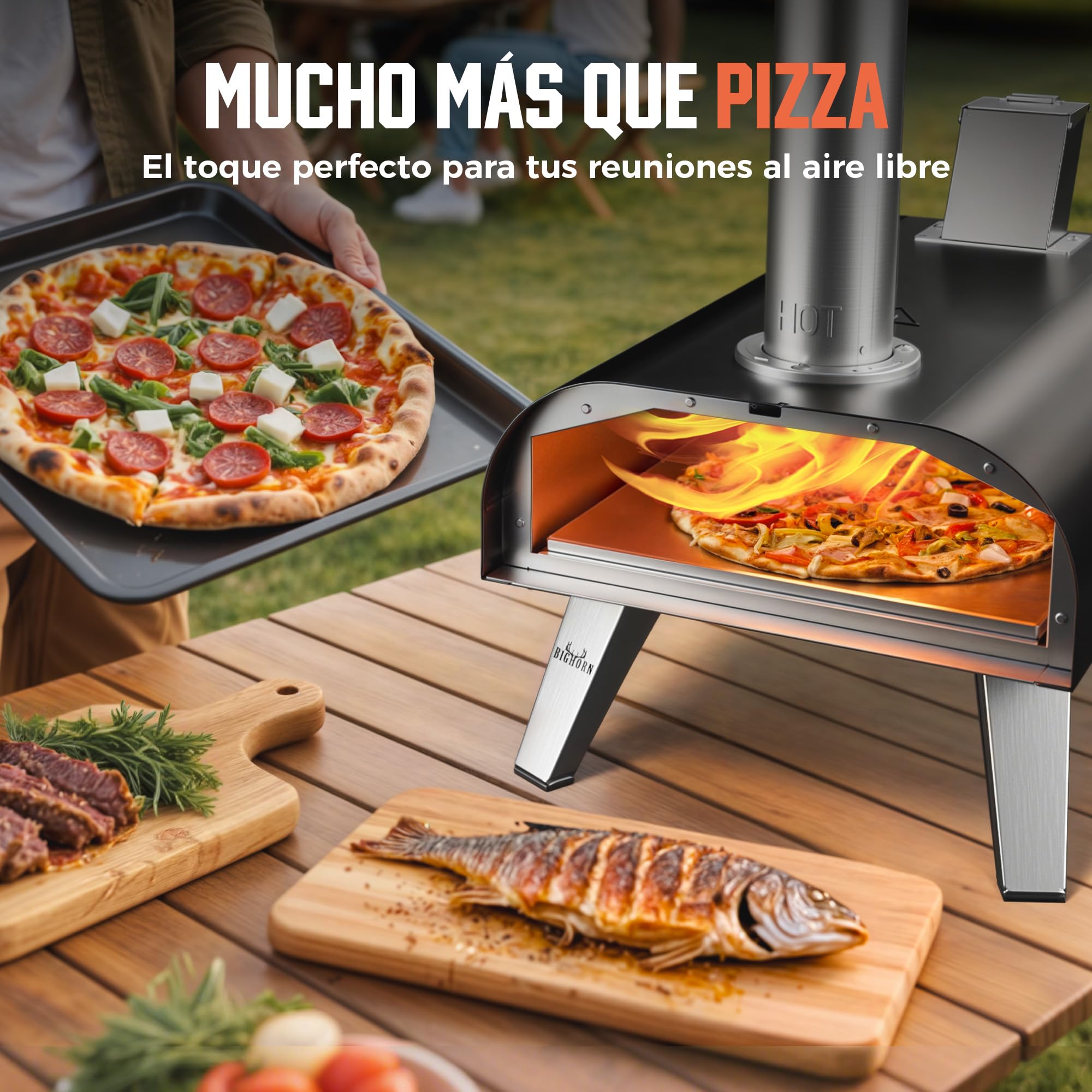 BIG HORN OUTDOORS Horno de Pizza a Pellets de Madera para Exteriores, 12 Pulgadas con Piedra de Horneado, Portátil para Patio, Camping y Fiestas, Negro