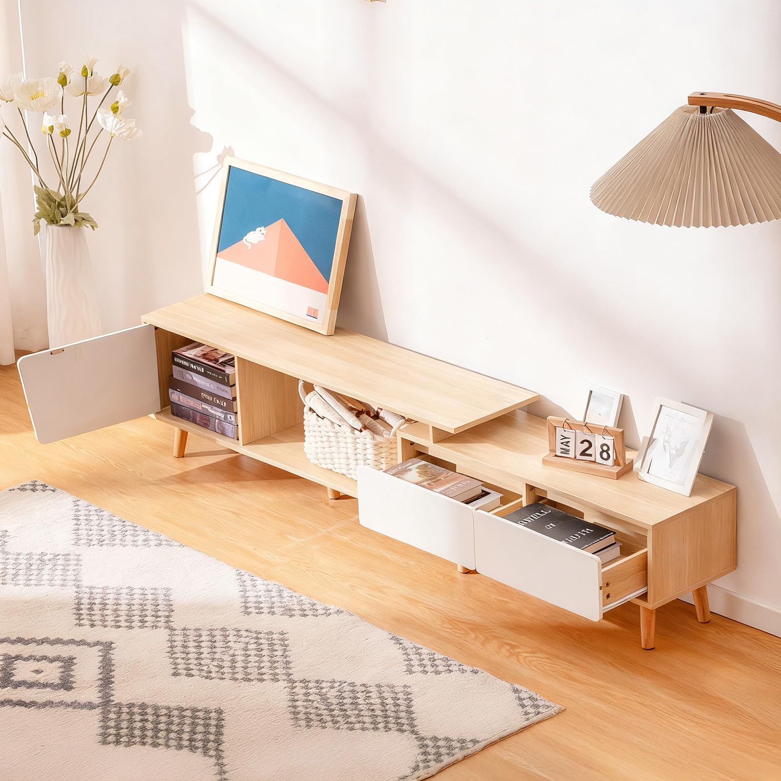 Meuble TV Extensible 140–190 cm, 2 Tiroirs, 1 Porte et 1 Niche Ouverte, Meuble Tele Bois et Blanc, Meuble Télé avec Rangement, Table TV pour Salon ou Chambre, Design Moderne