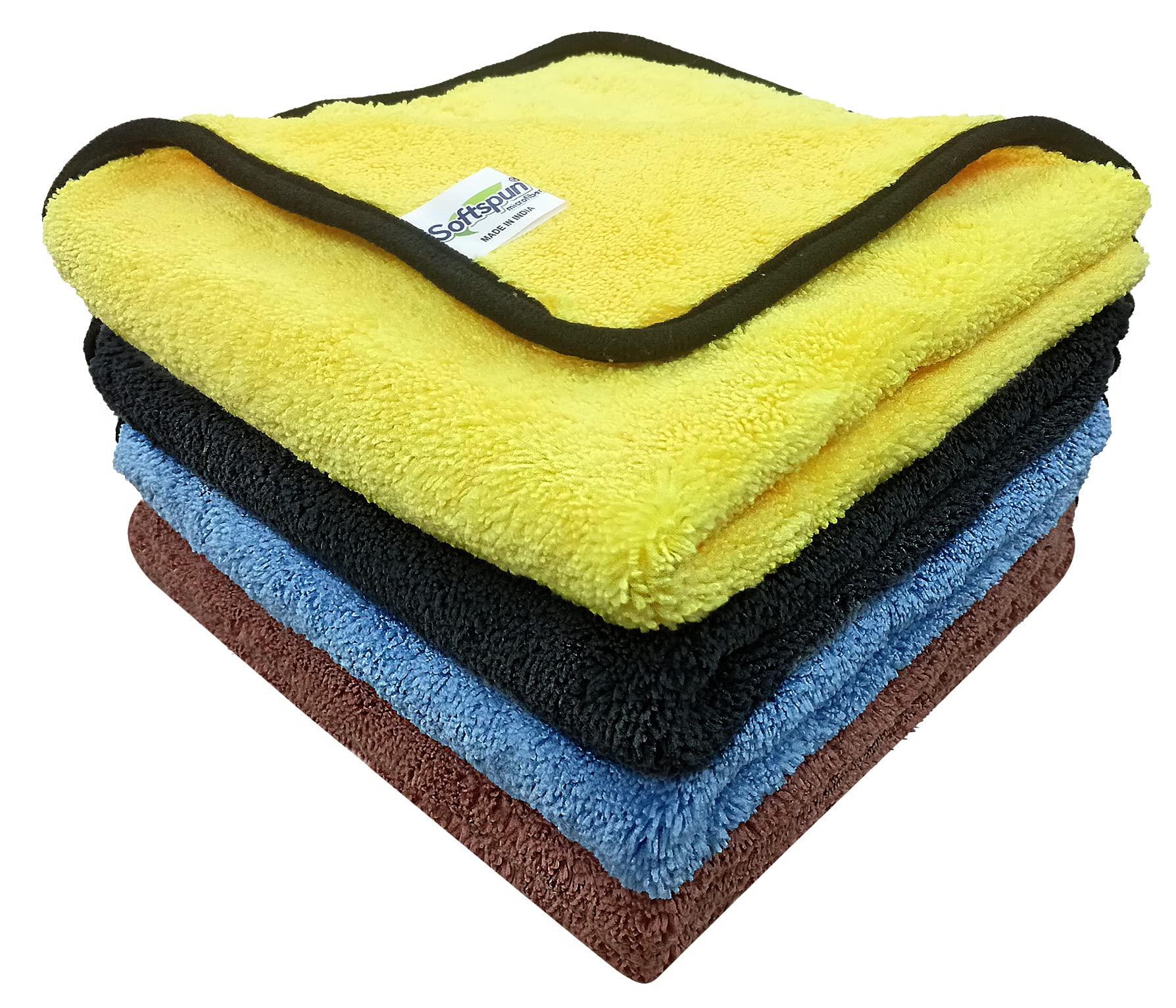 SOFTSPUN Microfiber Both Sided High Loop, Silk Banded Edge, Car Cleaning Cloth, 40x40 Cms, 4 Piece (Multi-Color) Towel Set, 760 GSM! Thick Lint & Streak-Free Multipurpose Cloths.
