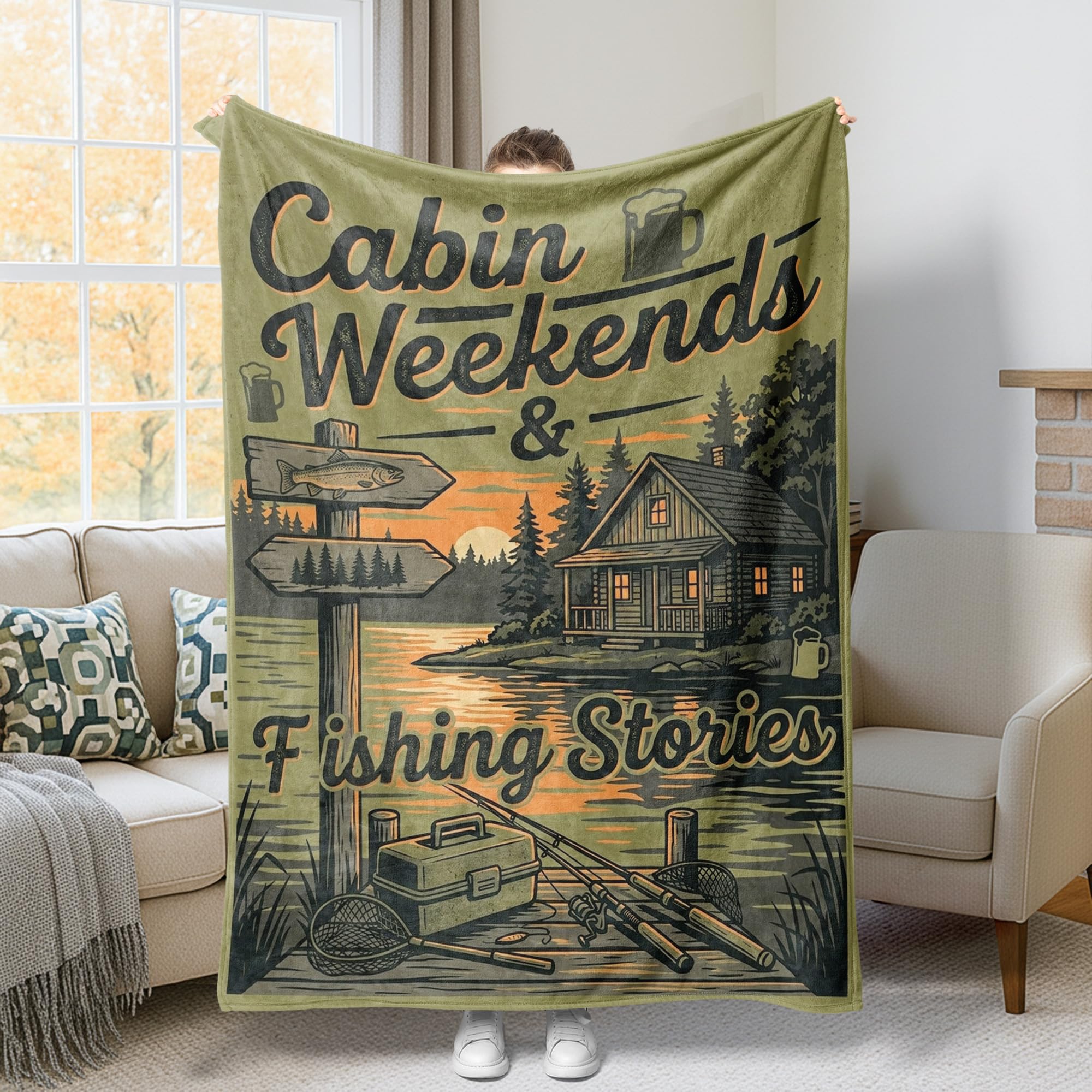 Couverture en molleton vert automne 152x203 cm motif arbres de pêche
