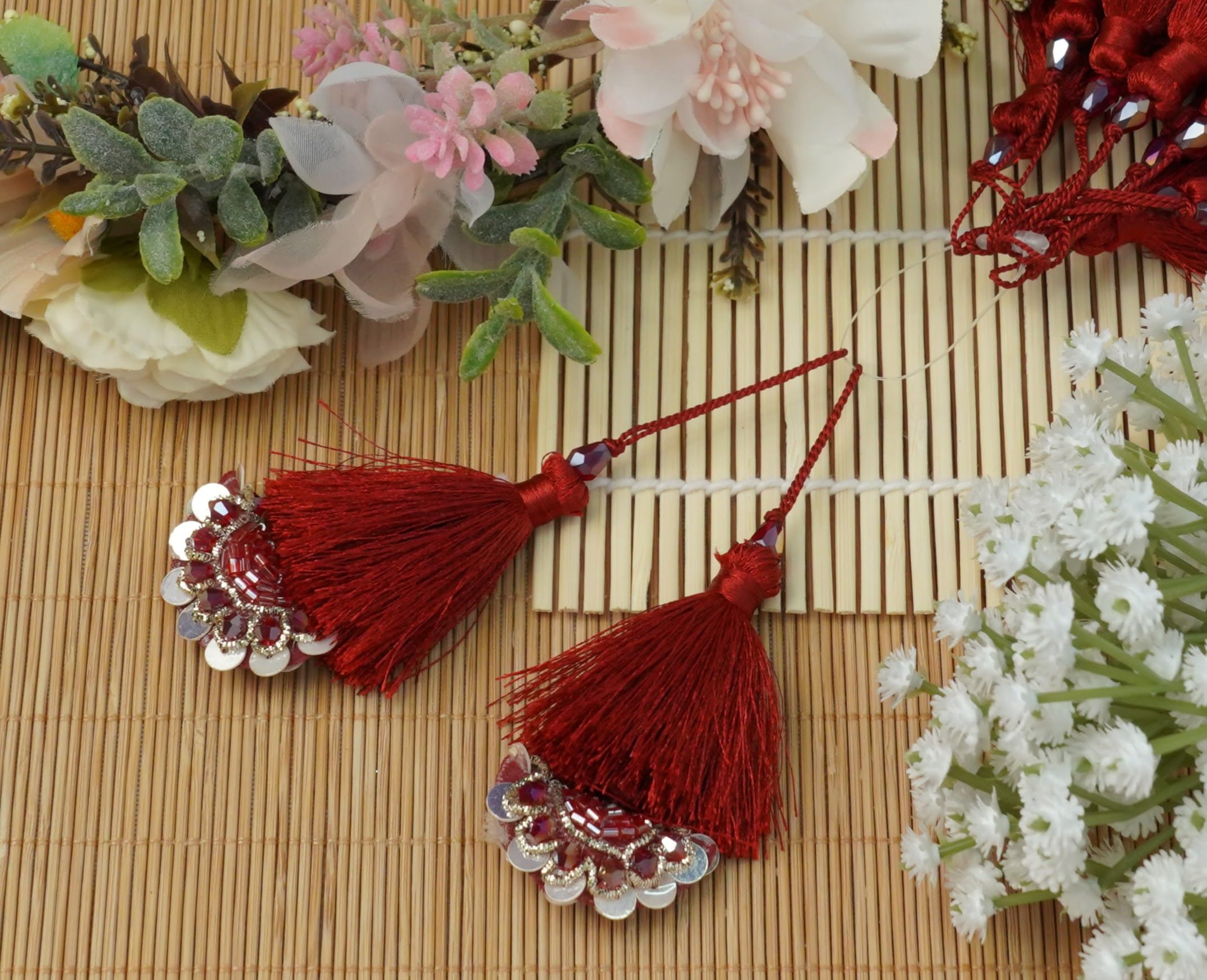 Feathers Creation Ltd Sew on Tassels garland for Curtain Edge Blouse Latkan Wedding Dress Tassel Sold per Pair 3.5 Inch Long (Cherry)