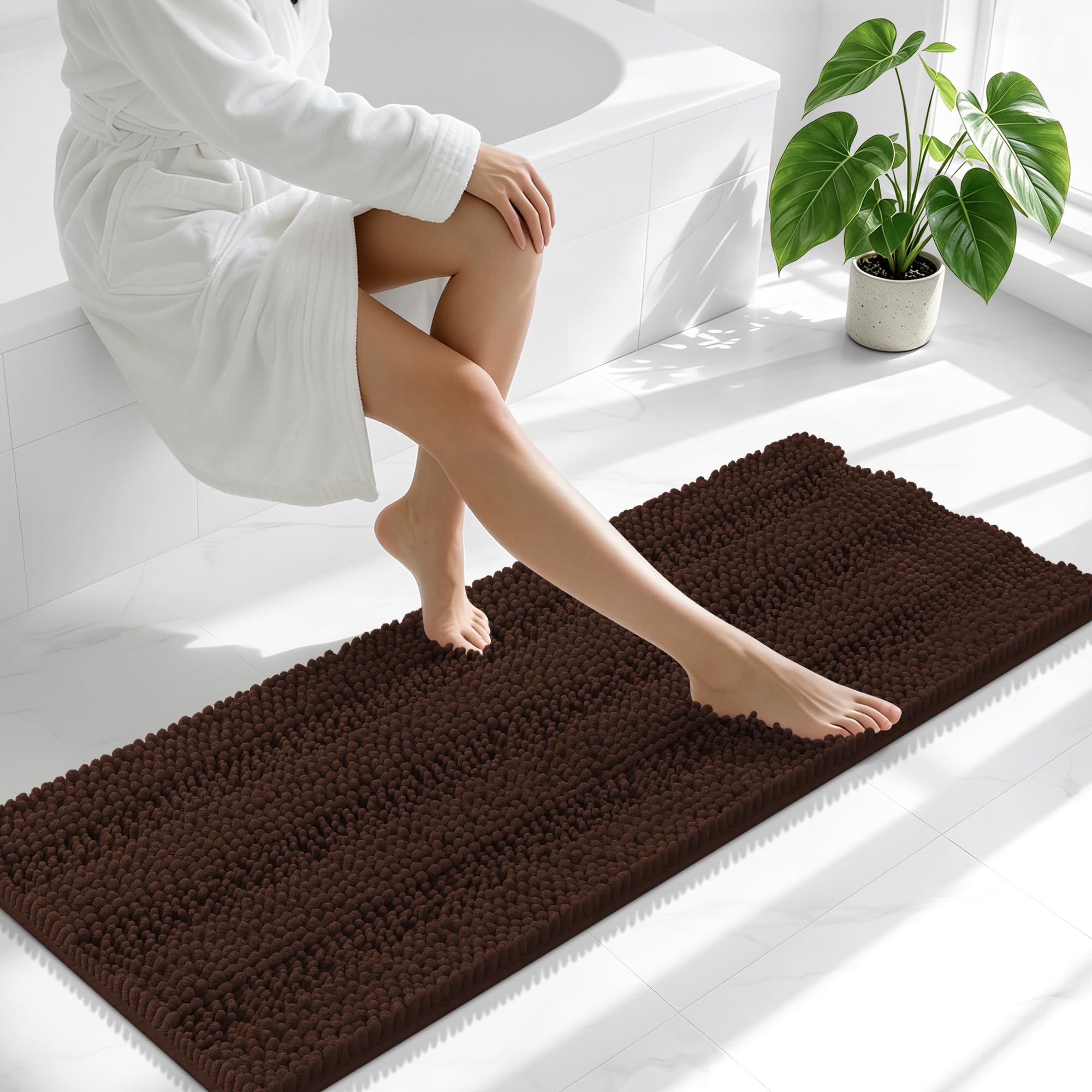 Smiry Thick Chenille Bathroom Runner Rugs 47x17, Absorbent Bath Mat, Brown
