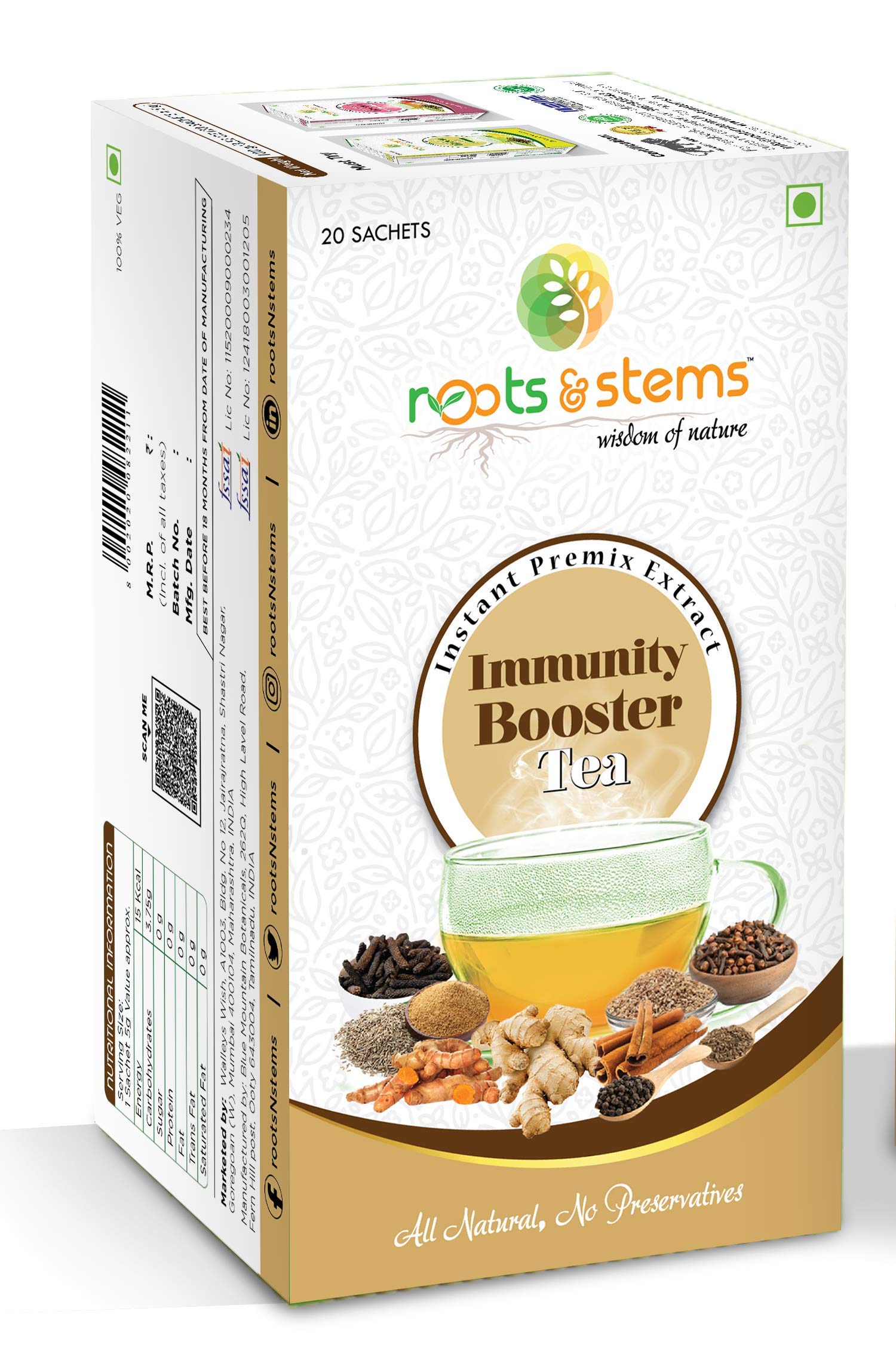 roots & stems Immunity Booster Ayush Kadha| Instant Premix Extract Powder | Made of 19 Herbs & Spices | For Immunity,Cold, Cough,Antioxidant,Antibacterial & Antibody | 100g (5gx20 Sachets) | Pack of 1