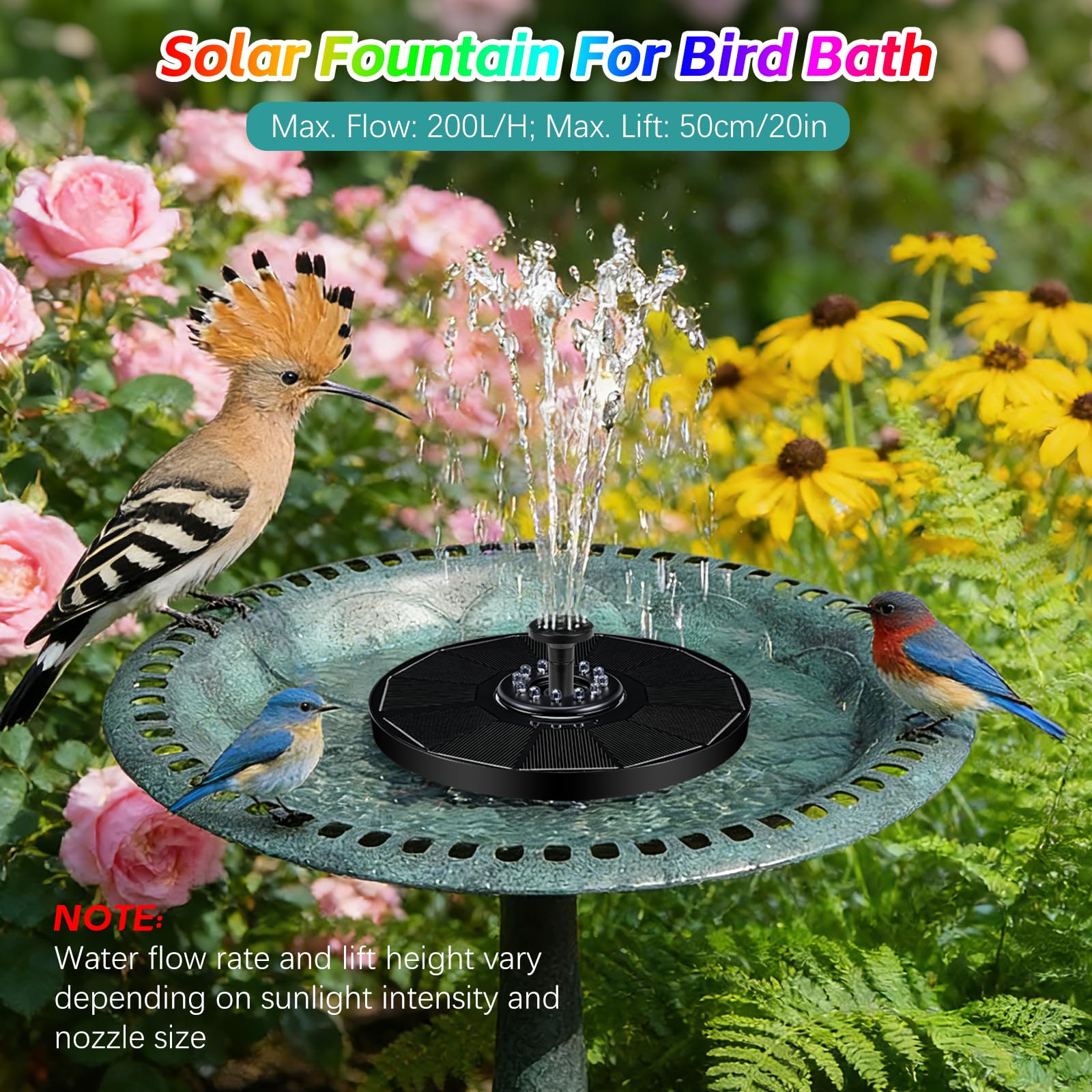Fuente Solar Jardin Exterior Bomba de Estanque Agua Solar y 8 Boquillas y 12 Leds Colorido para Baño de Pájaros, Estanque para Jardines, Piscinas, Estanques de Peces