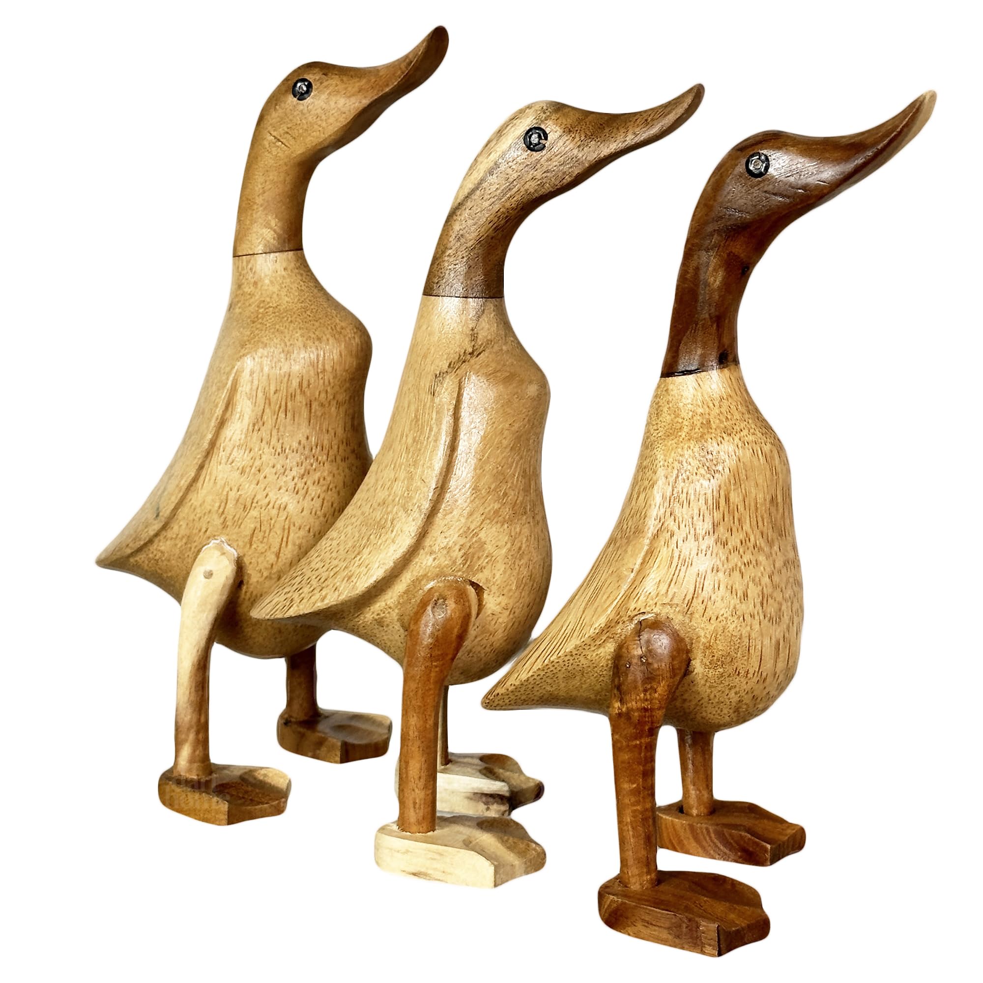 Darthome Set Of 3 Teak Duck Sculptures Brown Smooth Standing Wood Bird Family Ornaments