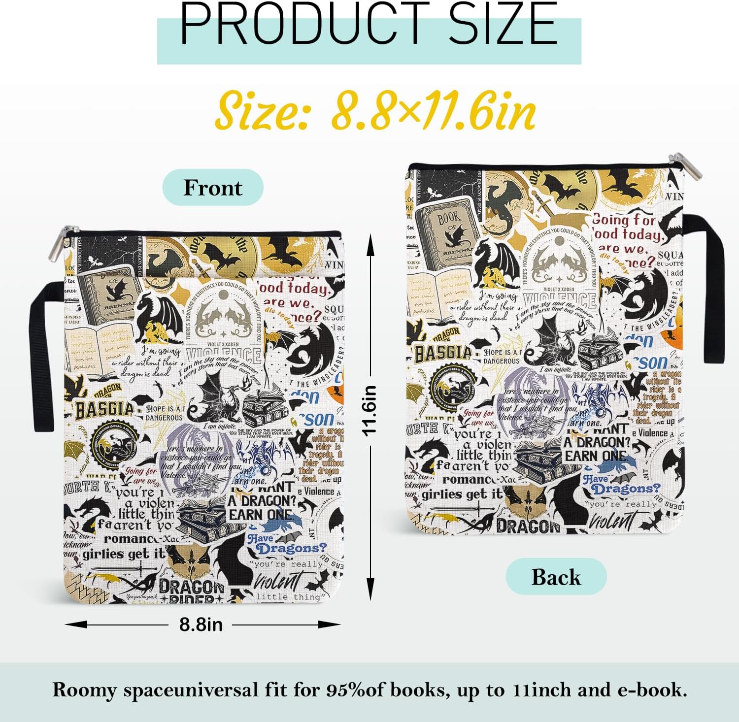 Romantasy Dark Academia Dragons Book Sleeve for Book Lovers Women, Fantasy Novel Reader Inspired Book Cover Gifts for Librarian, Paperback Sleeve with Zipper and Front Pocket 9x12 Inch - Image 2