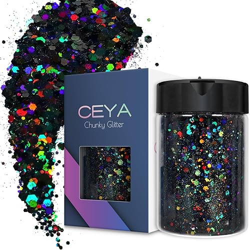 Ceya Purpurina gruesa holográfica, 4.2 onzas4.23oz, polvo negro con purpurina mixta de copos finos, lentejuelas iridiscentes para arte de uñas,