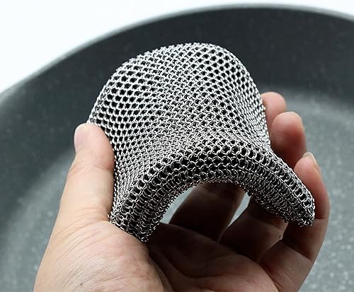 Taspooke Limpiador de silicona integrado de acero inoxidable 316 con lazo extrafino, almohadillas de hierro fundido, limpiador de sartén, sartén y