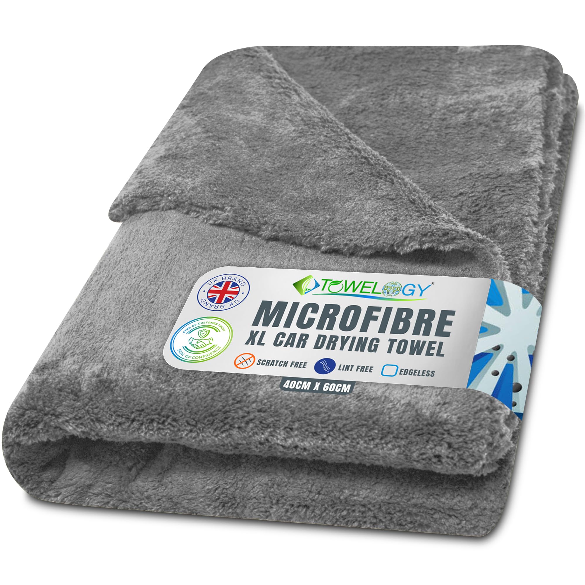 Towelogy Grey X04 Large Car Drying Towel Microfibre Edgeless 550Gsm Super Absorbent 60X40cm (24X16in) Lint Free Detailing Cloth (1, )