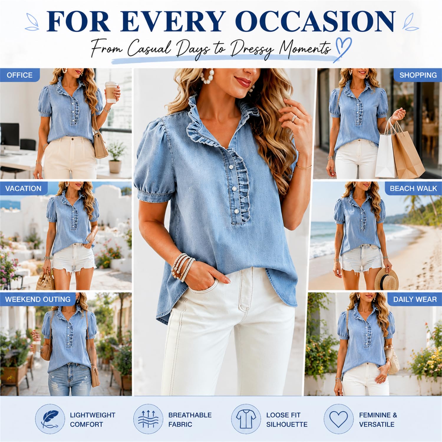Camisa Vaquera para Mujer Estilo Y2K con Volantes, Blusa de Verano con Mangas abullonadas, Top Holgado de Cuello en V y Manga Corta para Uso Diario