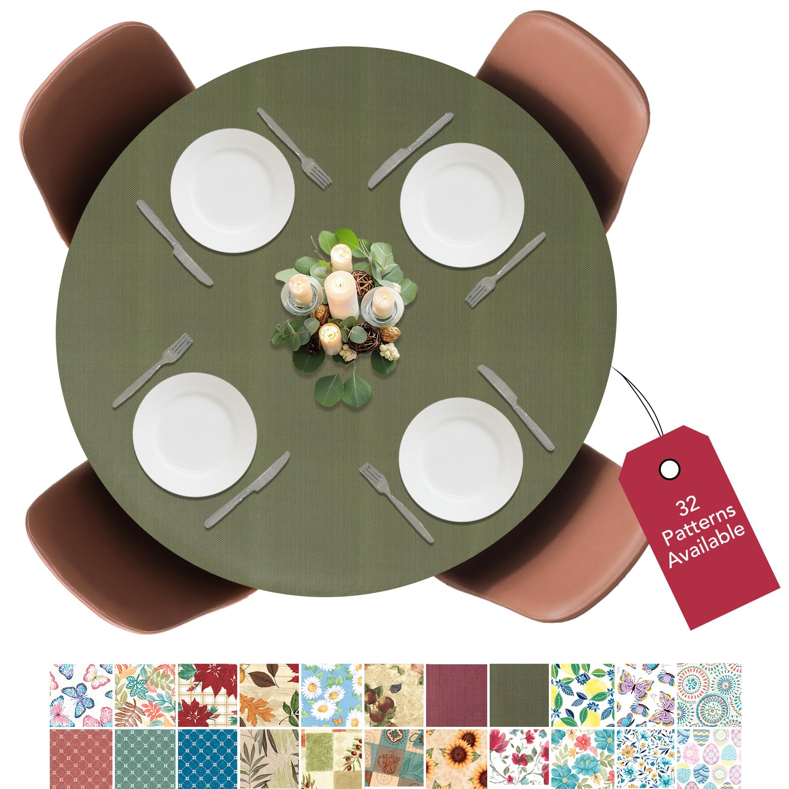 Covers For The Home Deluxe Elastic Edged Flannel Backed Vinyl Fitted Table Cover - Basketweave (Green) Pattern - Small Round Oblong Oval - Fits Tables up to 40" - 44" Diameter