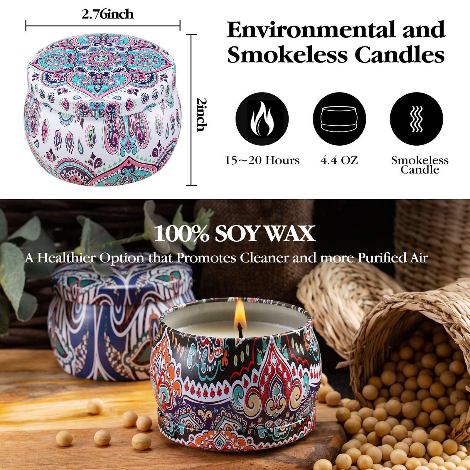Set de velas con aroma 8, juego, puro natural de soja lata de soja cera velas de aromaterapia mujeres día de la madre cumpleaños decoración navideña