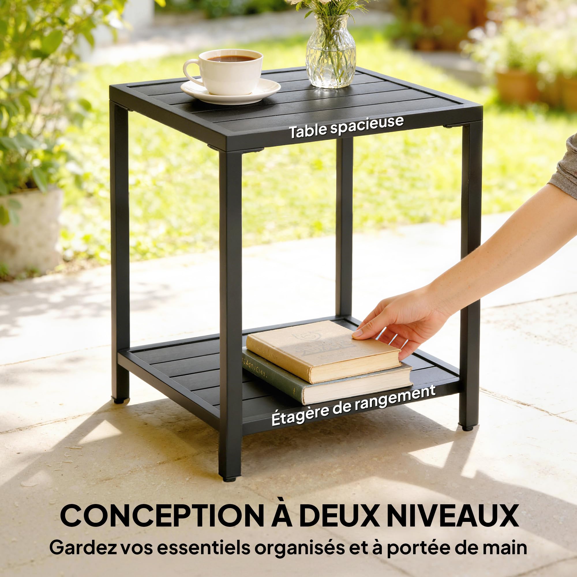 Outsunny Table Basse Extérieure Métal 2 Niveaux, Table de Jardin Carrée avec Étagère, Résistante aux Intempéries, Noir
