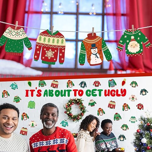 Miniatura 7 de Marspark - 68 piezas de decoración de Navidad para el aula, decoración de borde de anuncios de Navidad, recortes de suéter feo, recortes de suéter