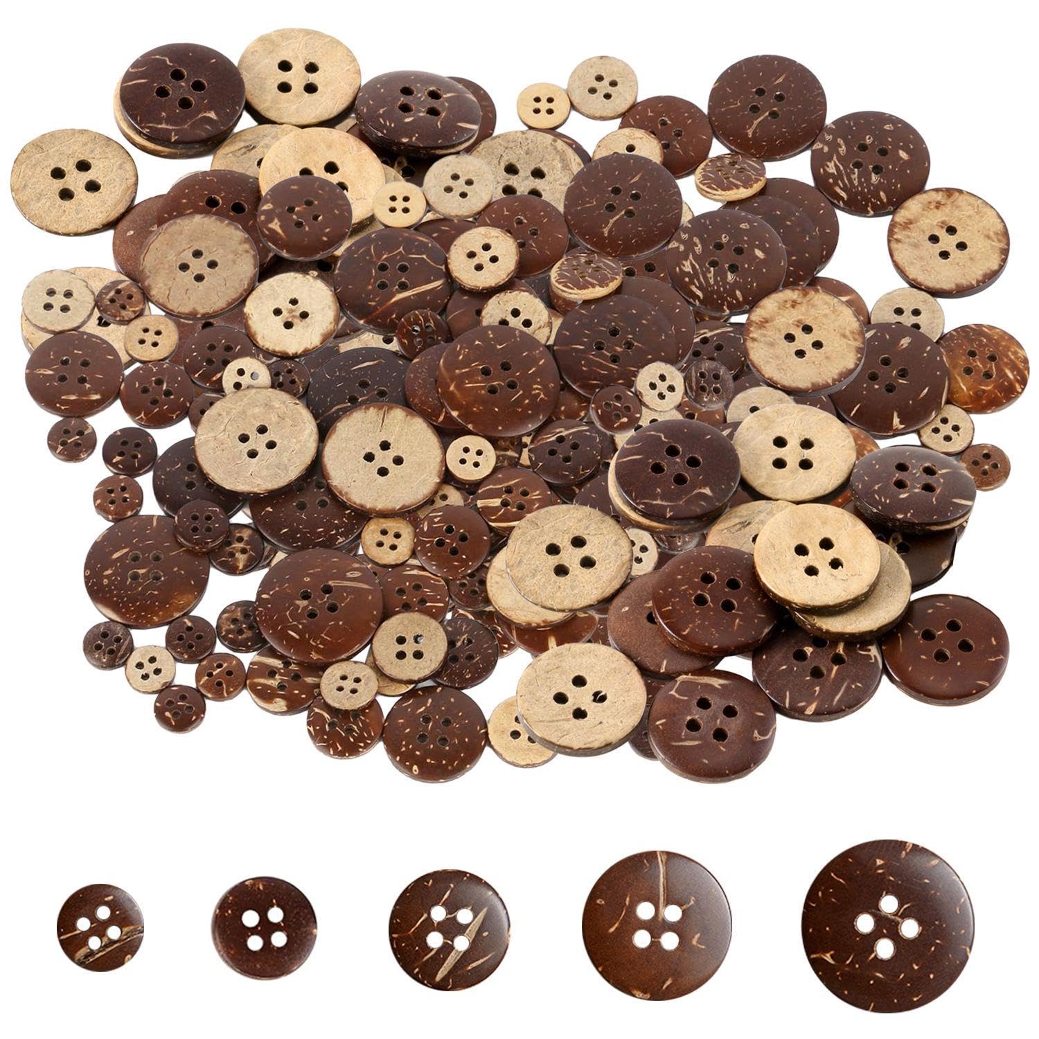 RNSKFG 200 Pieces Of Vintage Wooden Buttons, 4-Hole Brown Buttons, Sewing Buttons, Handmade Decorations, Clothing Accessories.