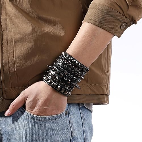 Miniatura 7 de Eigso Pulseras de cuero punk rock para hombres y mujeres, estilo retro, vintage, cadena de los años 80, para hombre y mujer