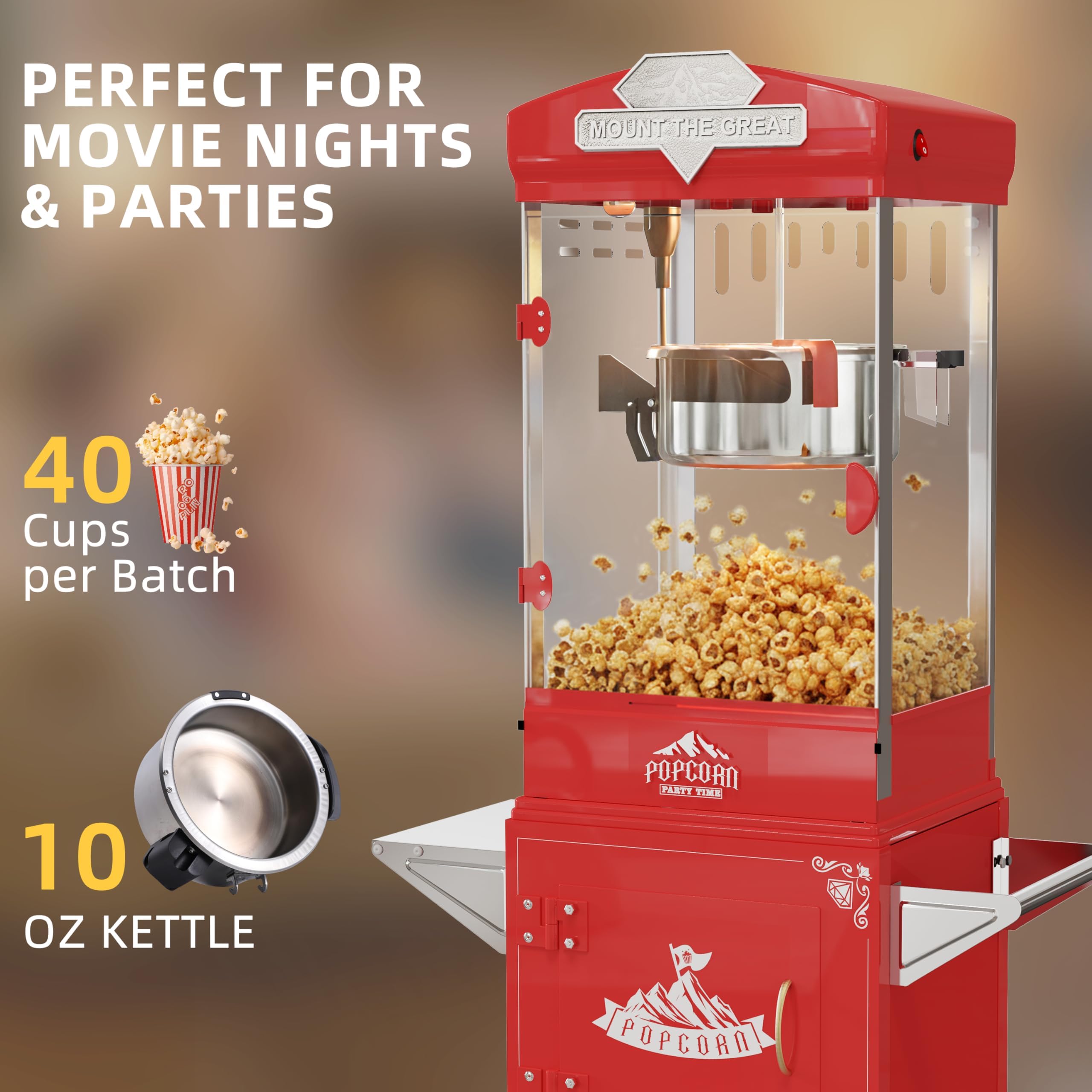 Máquina de palomitas de maíz, carrito de estilo vintage con ruedas, para hacer hasta 40 tazas, ideal para uso doméstico y comercial, calidad de cine