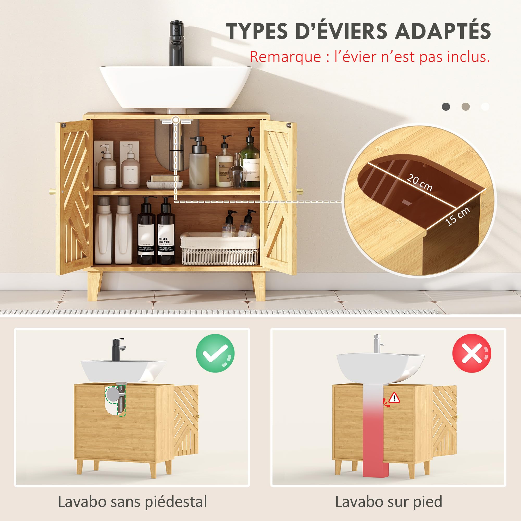 HOMCOM Meuble sous Lavabo Salle de Bain 60 x 30 x 60 cm Naturel | Étagère Réglable, Portes à Lattes, Bambou, Anti-Humidité