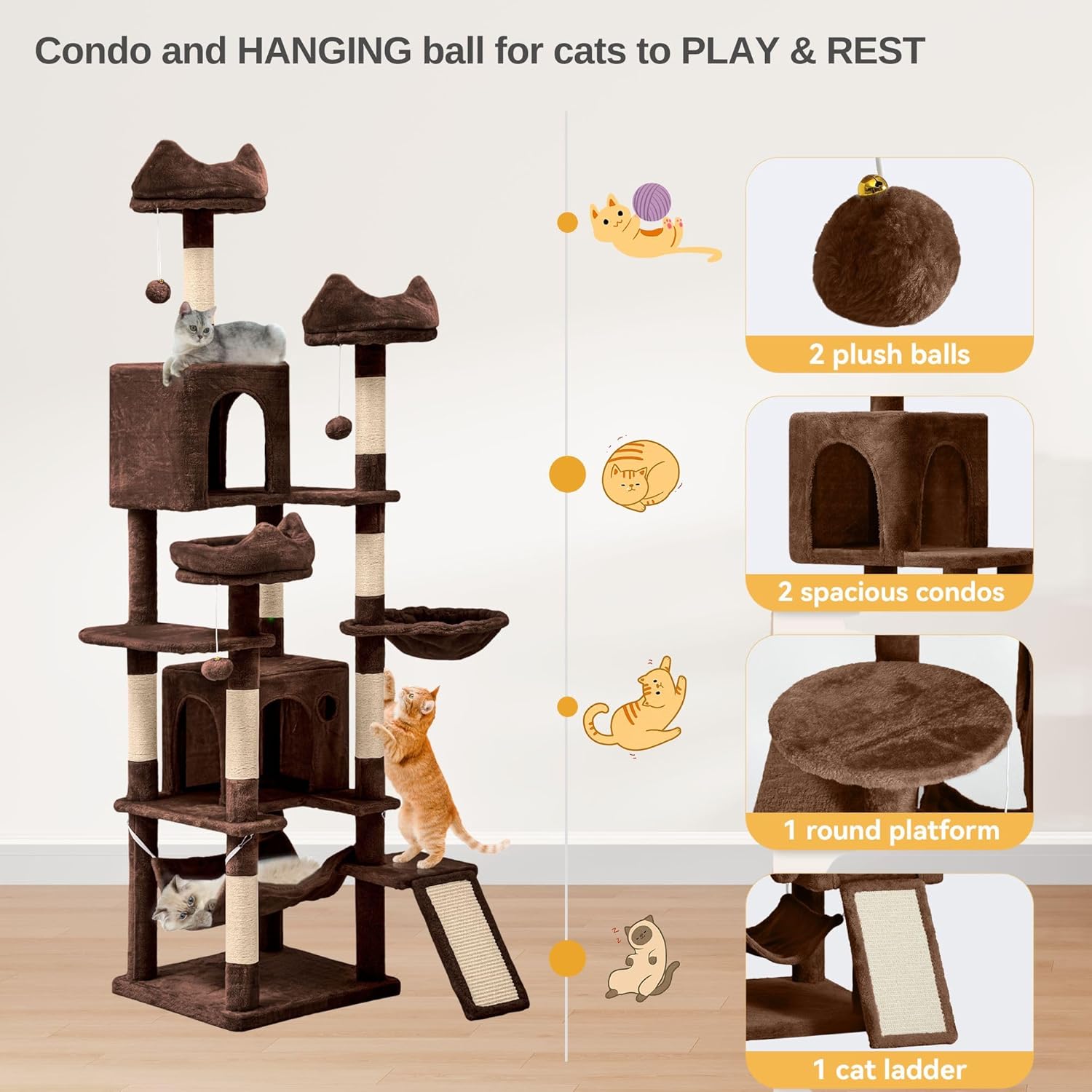 DWVO 75 in Multi-Level Cat Tower: Tall Cats Tree for Indoor Kittens, Pet Furniture with Kitty Condos, Top Perches, Sisal Ramp Scratching Posts, Cozy Basket, Hammocks, Brown