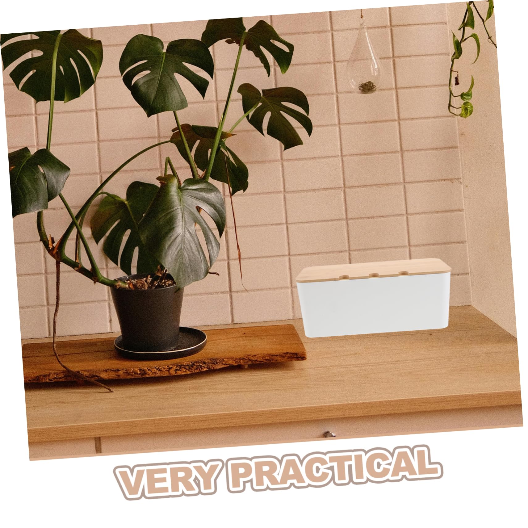 Caja de Gestión de Cables de Plástico con Orificios y Tapa de Madera | 1 Juego, Diseño Multifuncional para Oficina y Hogar, Acceso Cómodo al Cableado, Organiza Varios Dispositivos