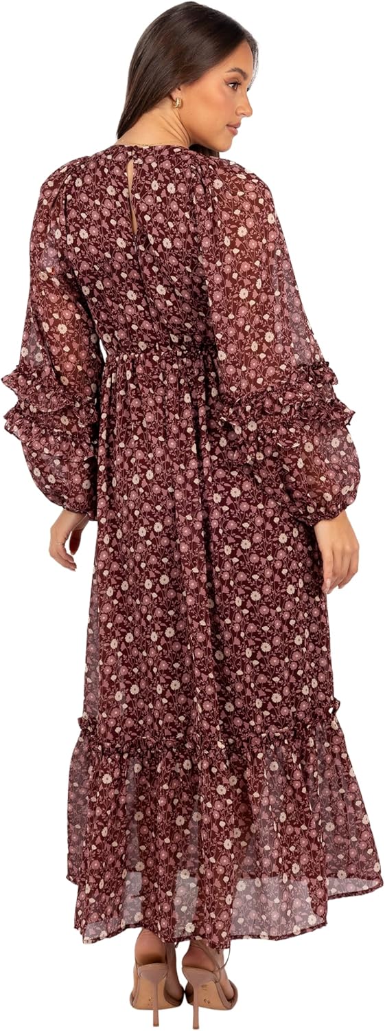 Petal & Pup Womens Evian Long Sleeve Maxi Dress - Burgundy Multi - Image 3