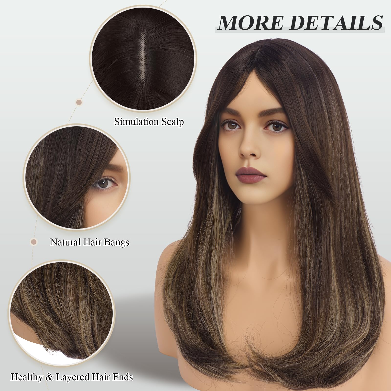 FESHFEN Ombre Brown Blonde Wigs with Bangs for Women Synthetic Natural Looking Long Layered Straight Hair Wig for Daily Party Use 18 inch - Image 4