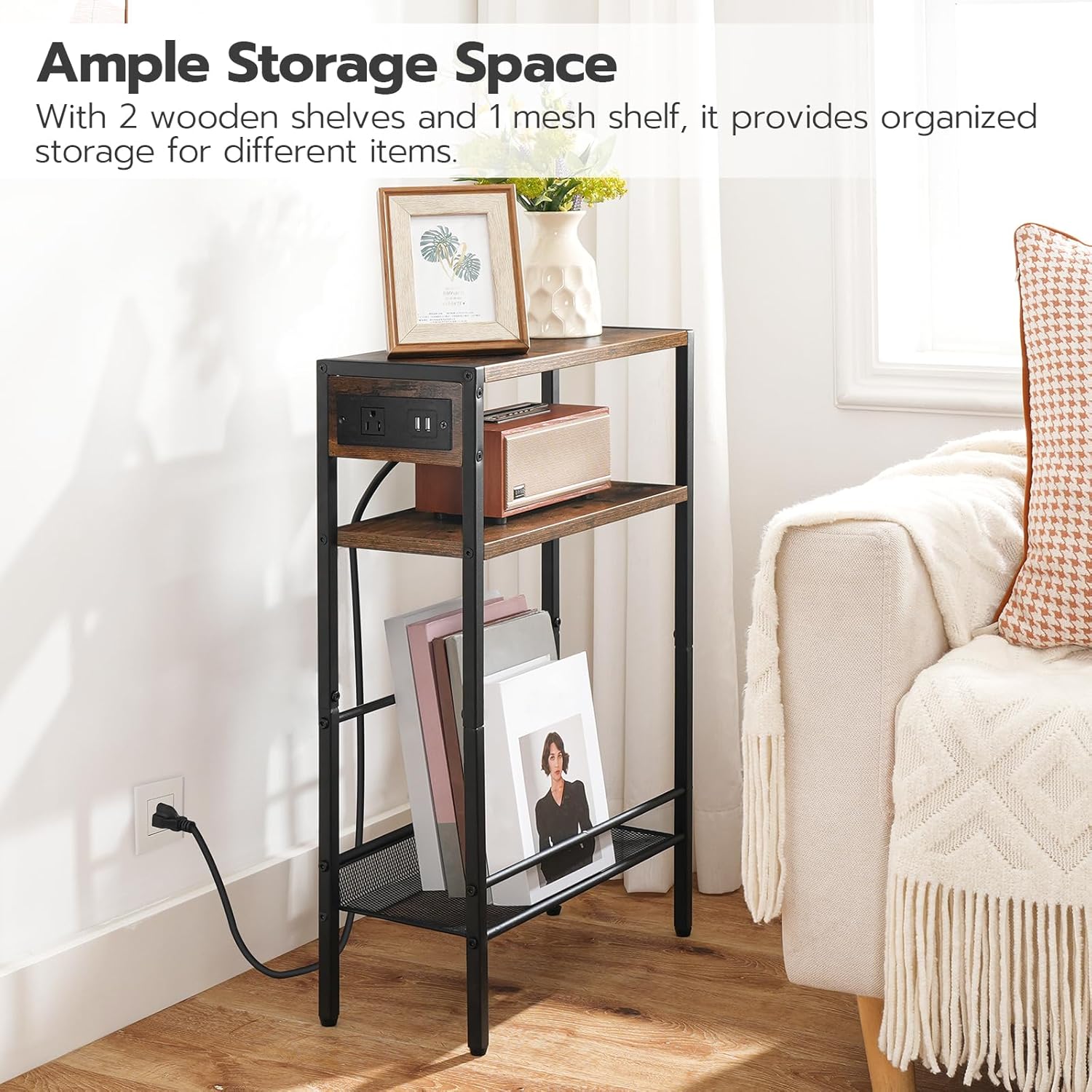 HOOBRO narrow side table with various items on its shelves, including books, a plant, and a picture frame.
