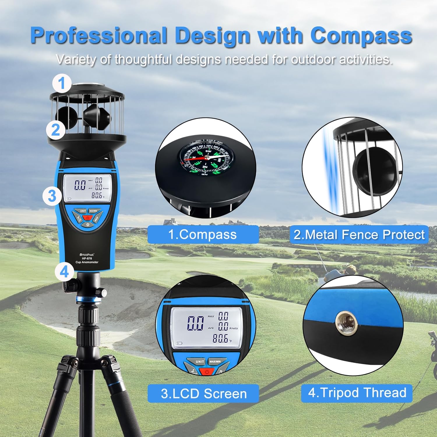 HoldPeak Handheld Cup Anemometer with Compass, 360° Wind Measuring Digital Air Wind Speed Meter, 93MPH Wind Speed Measuring Device Gauges for Outdoor Sailing HVAC Golf Shooting