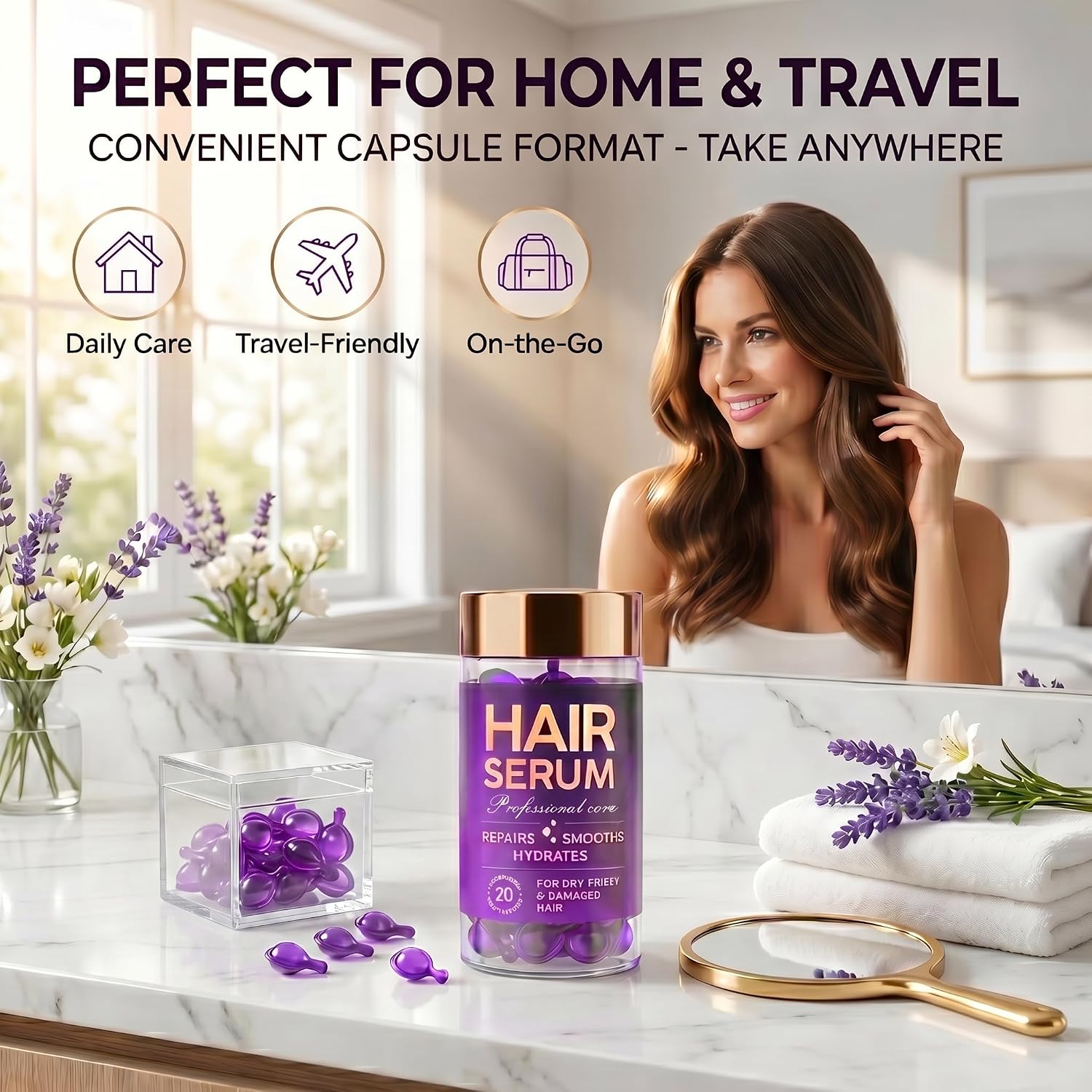 Grospe Hair Serum Oil Treatment Capsules with Vitamins & Keratin, Anti Frizz Leave-In Hair Care for Dry Damaged Hair Argan & Avocado Oils Heat Protectant Color Fade DEFENSE for Women, 30 Capsules