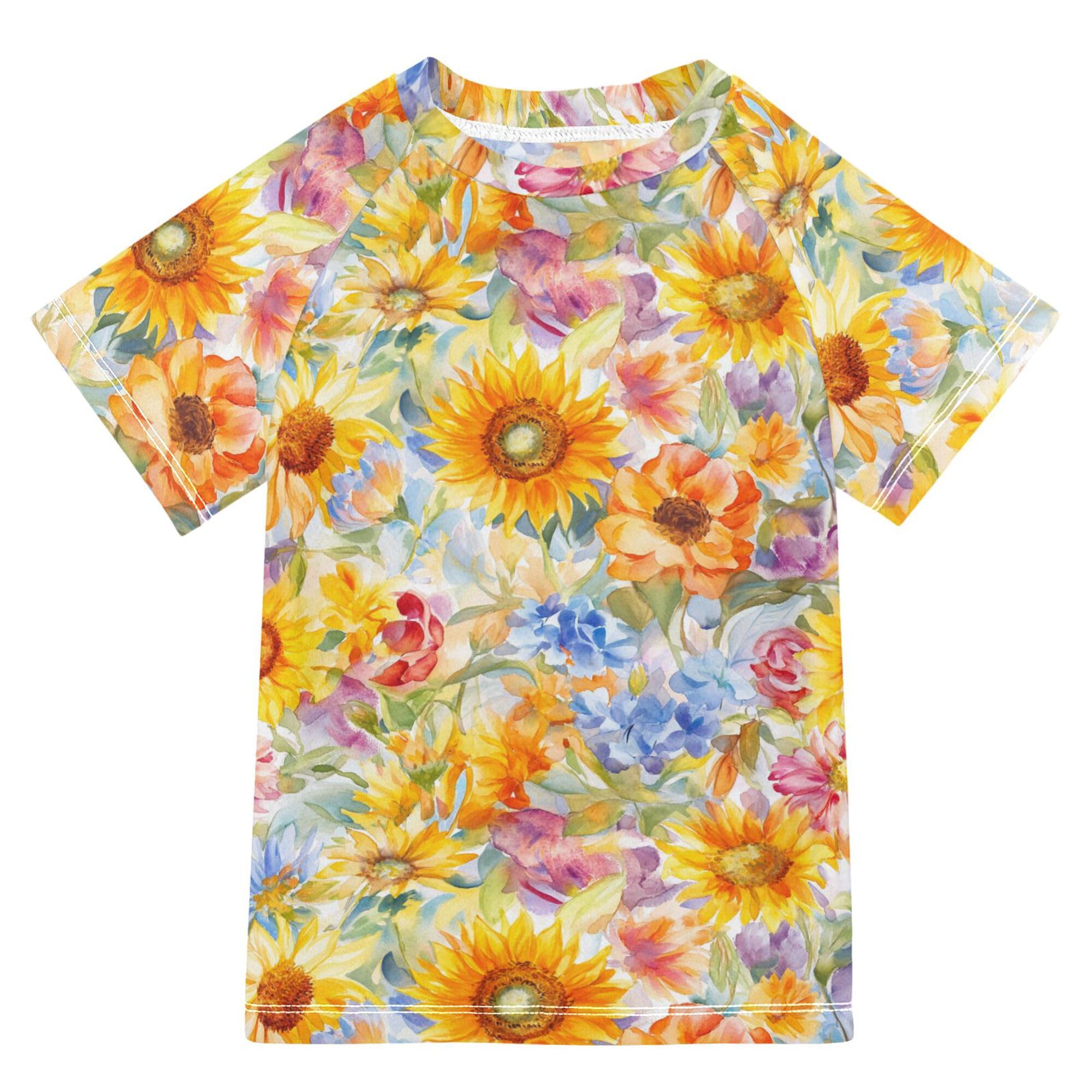 Sunflower Summer Oil Painting Girl Bathing Suit Short Sleeves Girls Rash Guard Top Swimwears Athletic Tops for Little Boy 9-10Y