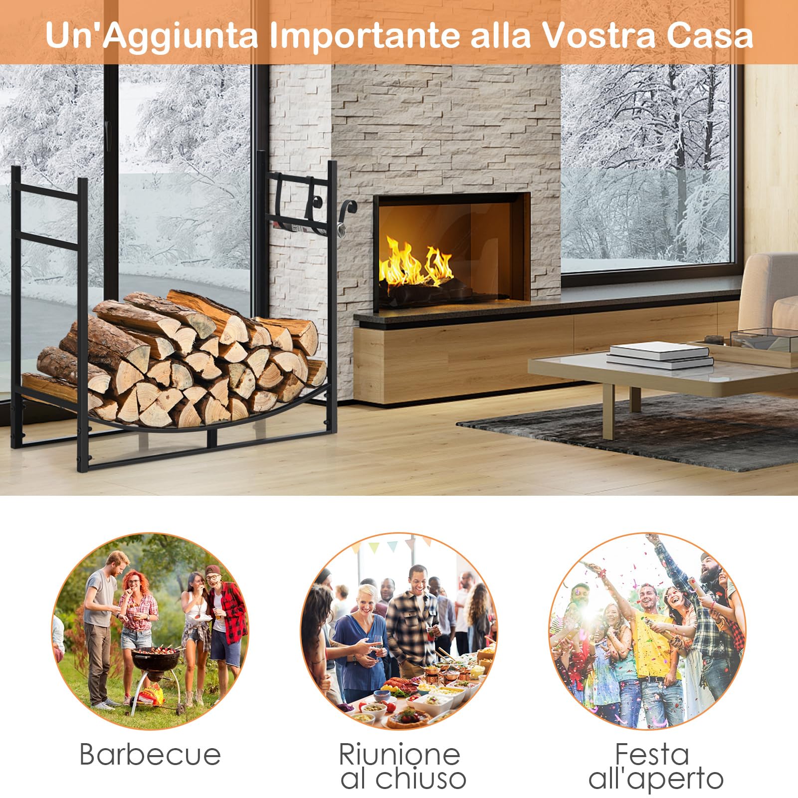COSTWAY Portalegna da Interno ed Esterno, Portalegna in Metallo Resistente, con Supporti per Accendifuoco Staccabili, Portata 50 KG