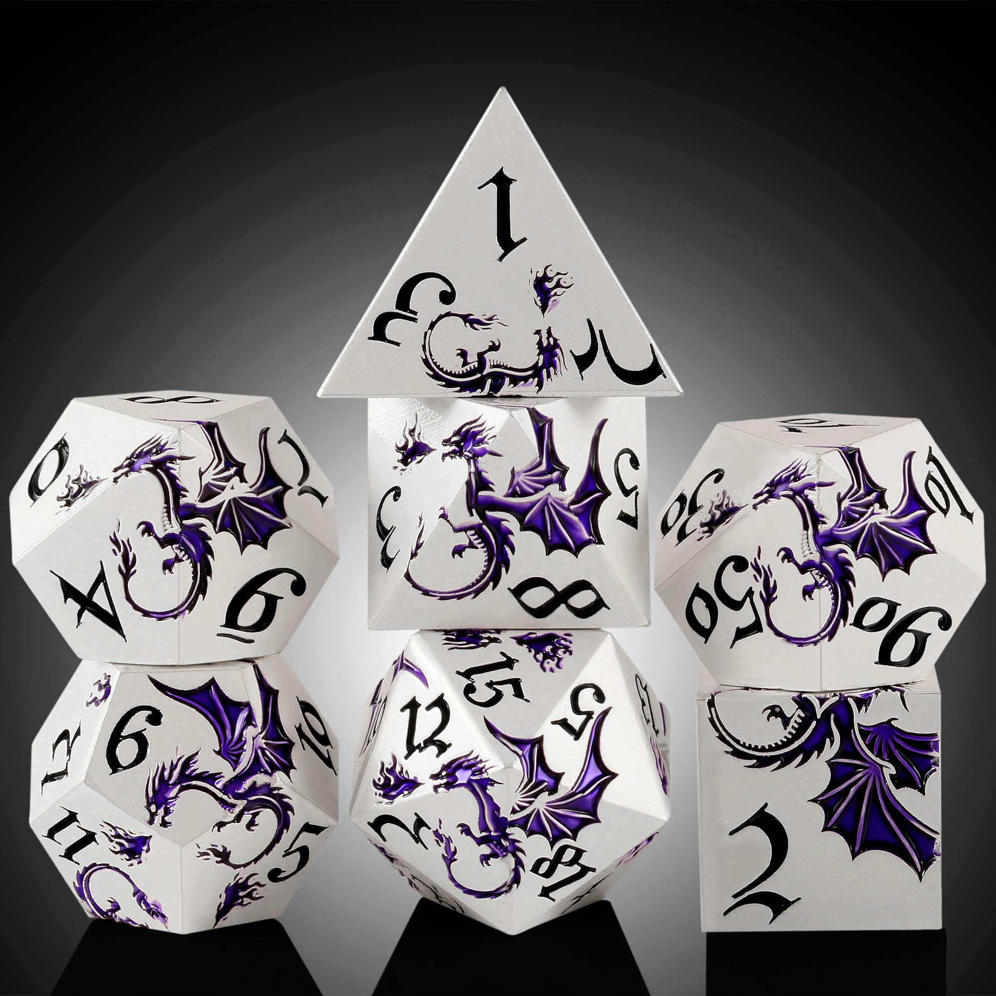 Dragon Metal Dice Set for DND, DNDND 7 PCS Silver Purple D&D Dice with Dragon Engraving, Random Color Gift Case, Zinc Alloy Polyhedral Dice Set for Dungeons & Dragons, (Purple & Silver)