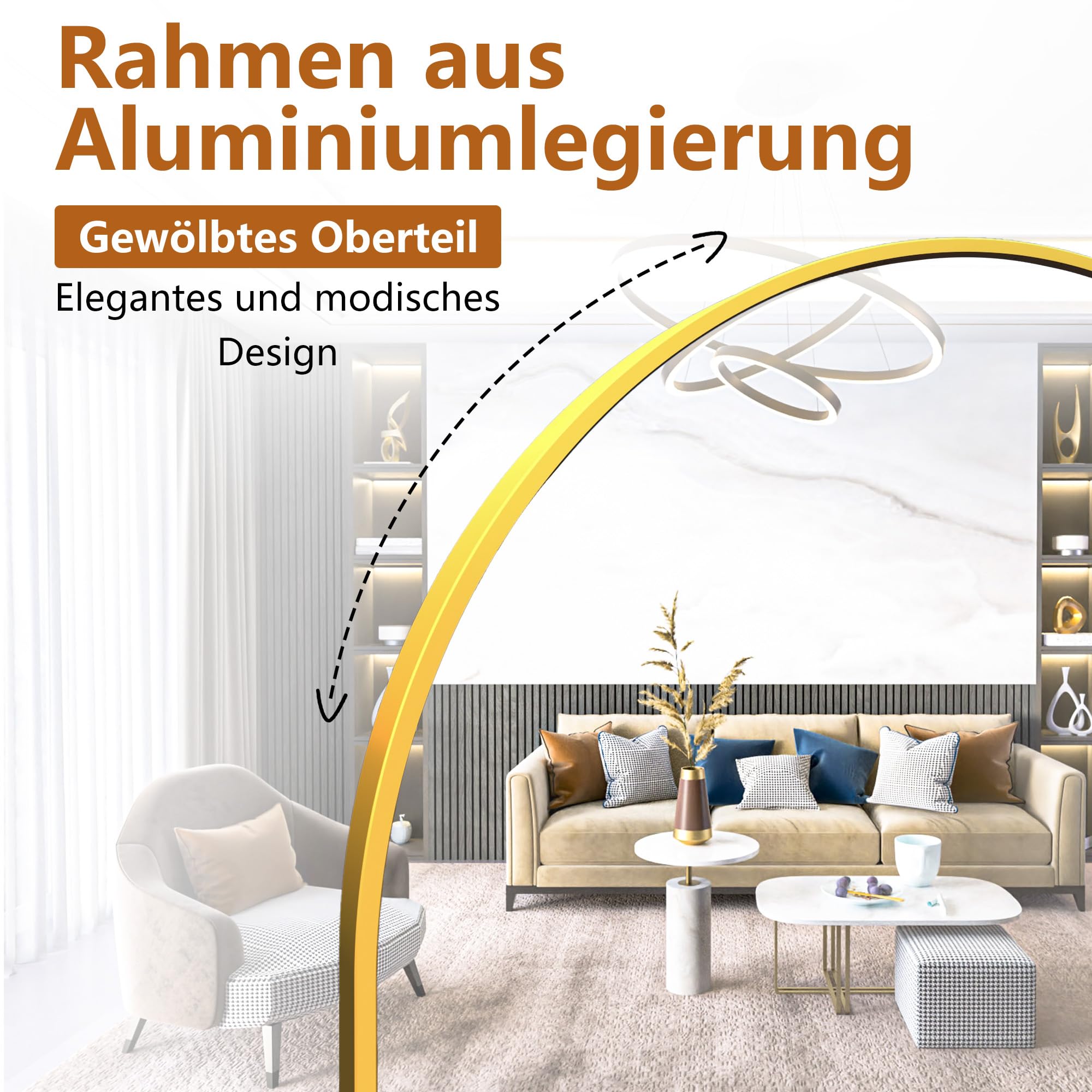 FANYUSHOW Standspiegel mit Gewölbtem Oberteil, 165 x 60 cm, Großer Bogenspiegel mit Haltbarem Glas, Wandmontierter Spiegel in Voller Länge, Angelehnt oder Frei Platziert mit Halterung,Gold