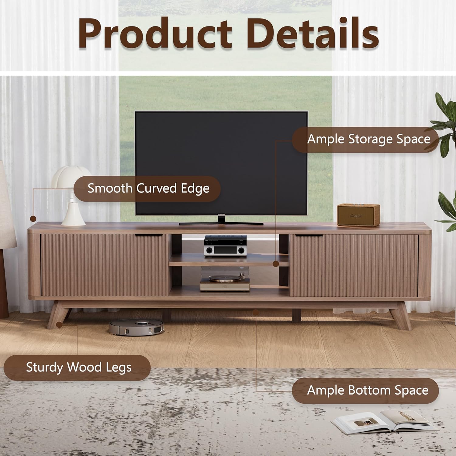 70" Mid Century Modern Fluted TV Stand,TV Stand for Living Room for TVs up to 80 Inches,Entertainment Center, Sideboard,TV Console with Fluted Door Cabinets and Open Shelves,Reddish Brown